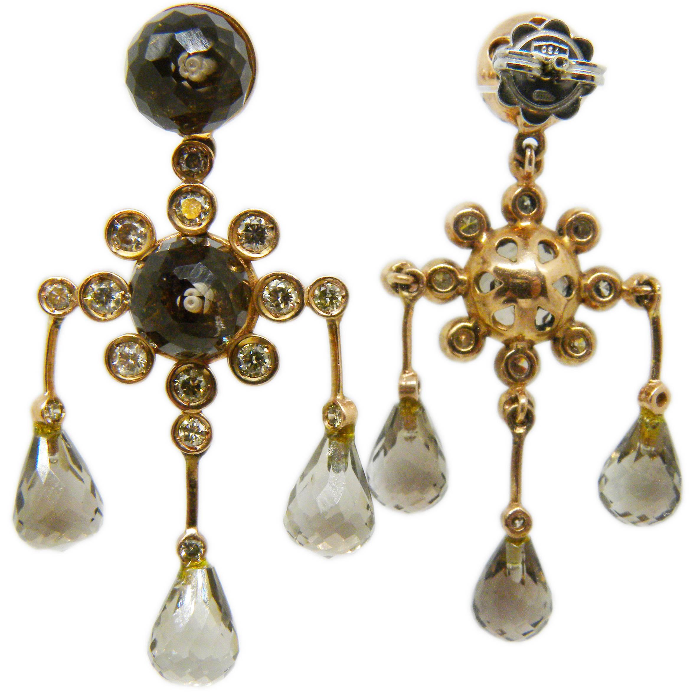 Chic Chandelier Earrings featuring 1 Carat Champagne Diamond Smoky Quartz Drop and Cabochon, Rose Gold Setting 
