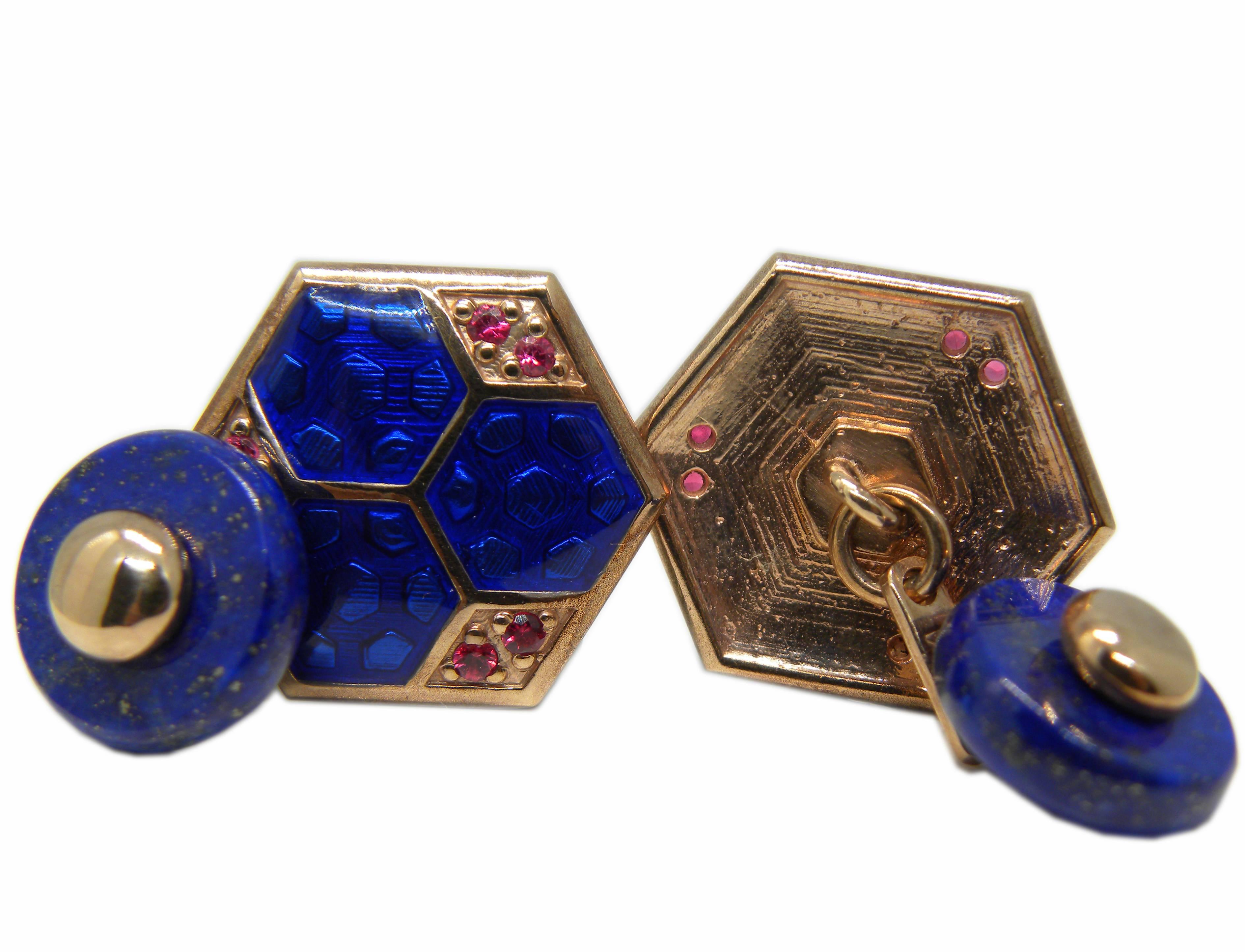 Contemporary Berca Blue Enameled Natural Round Ruby Lapis Back Rose Gold Setting Cufflinks