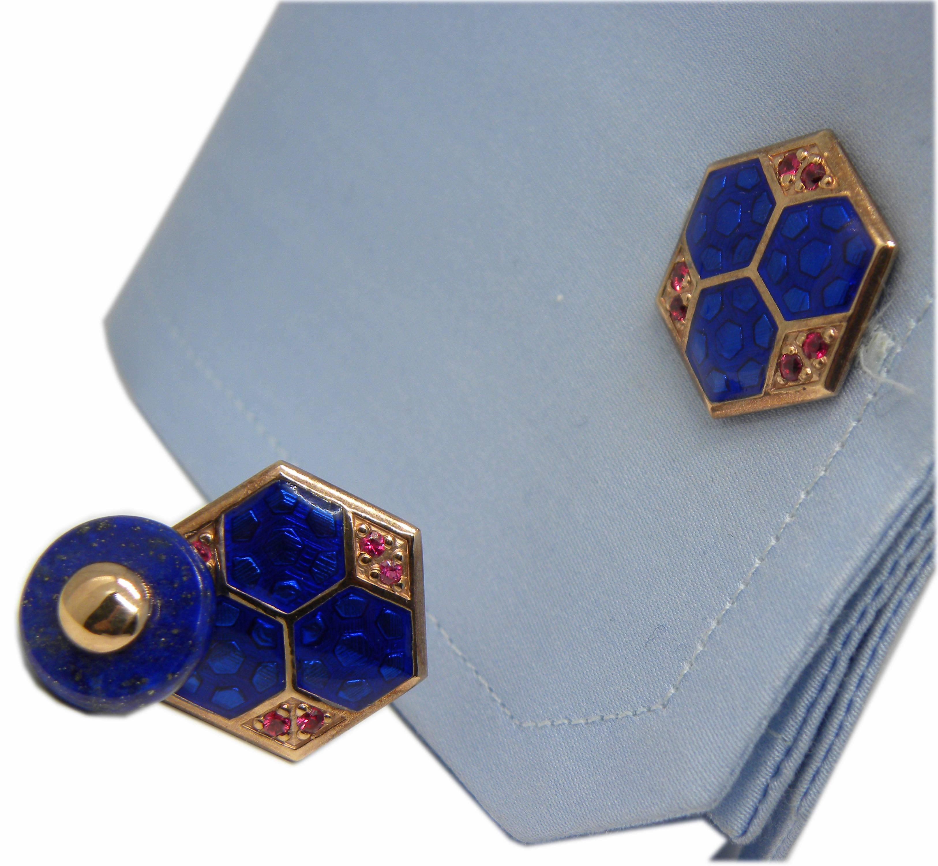 Round Cut Berca Blue Enameled Natural Round Ruby Lapis Back Rose Gold Setting Cufflinks