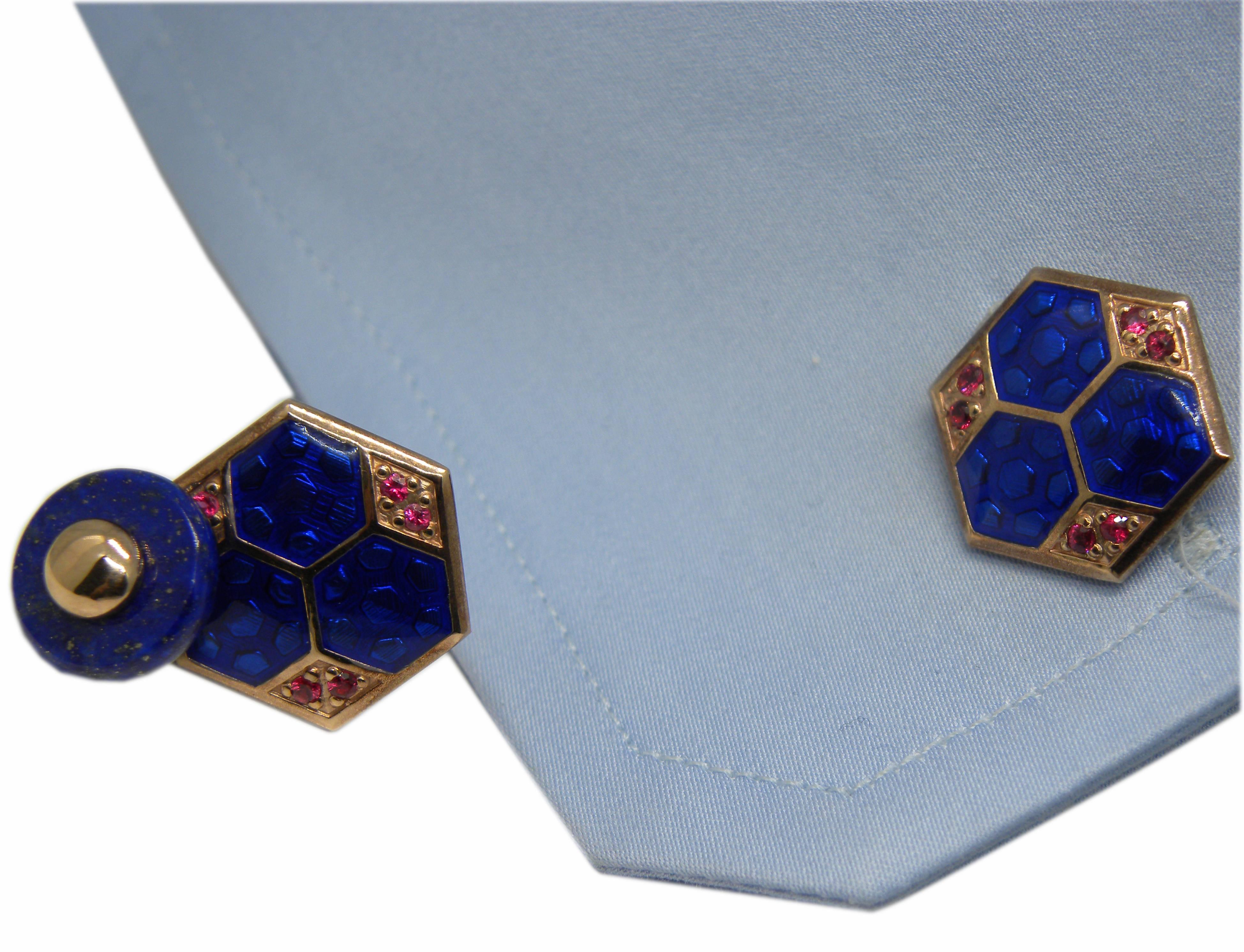 Men's Berca Blue Enameled Natural Round Ruby Lapis Back Rose Gold Setting Cufflinks
