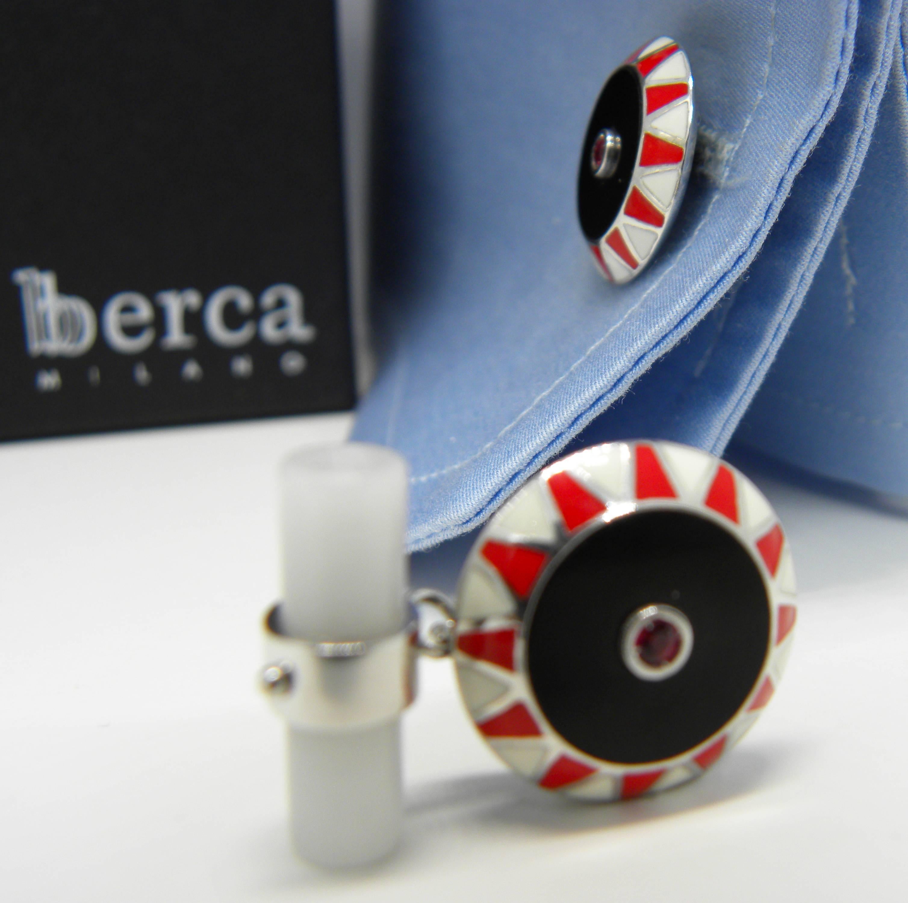 One-of-a-kind, Unique Cufflinks featuring Two Round Natural Ruby in an Hand Inlaid Onyx Disk encircled by a White and Red Hand Enameled 18 White Gold Setting, Natural White Agate Stick Back.