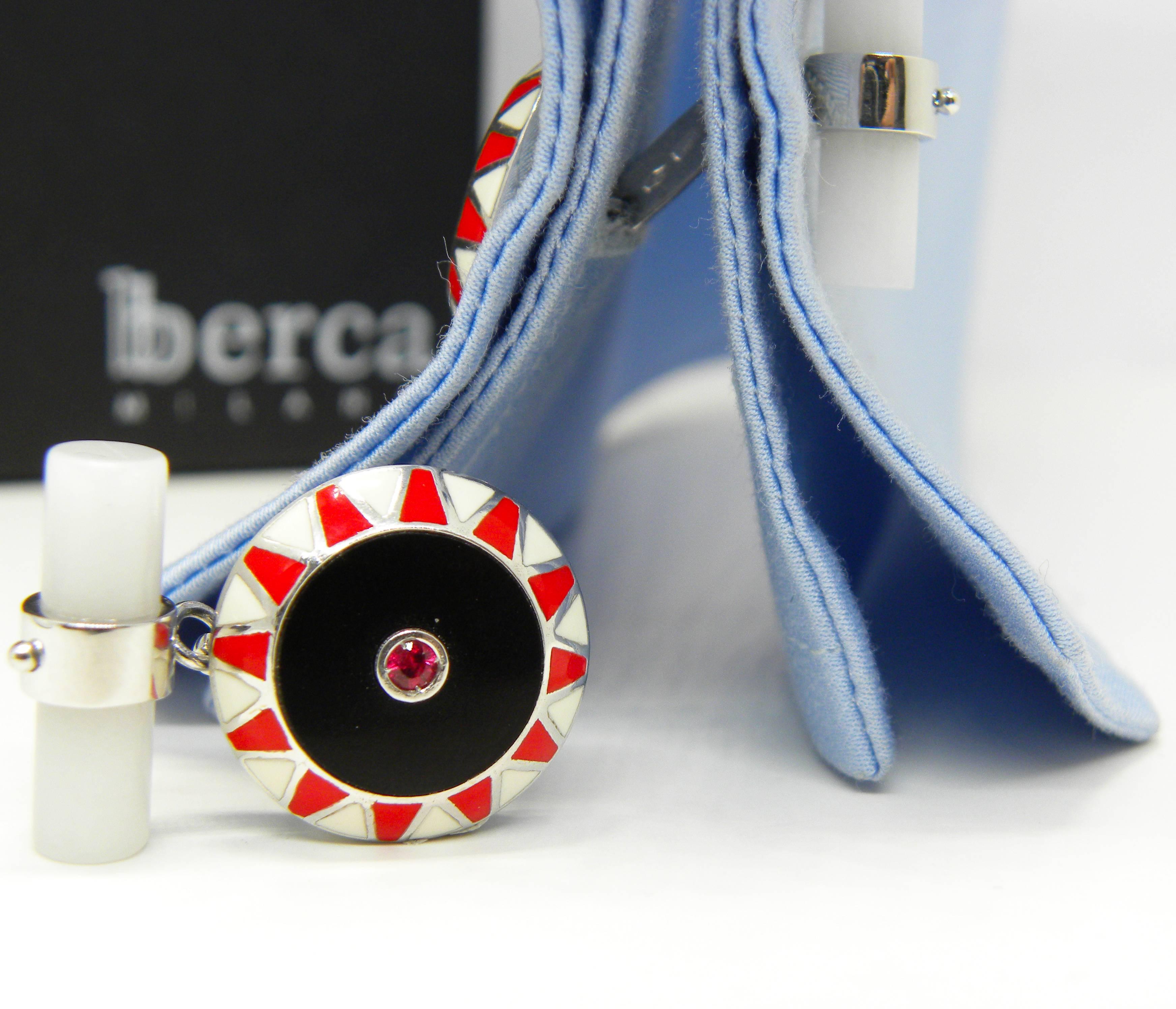 Berca Ruby Hand Inlaid Onyx Hand Enamel White Agate Back White Gold Cufflinks In New Condition In Valenza, IT