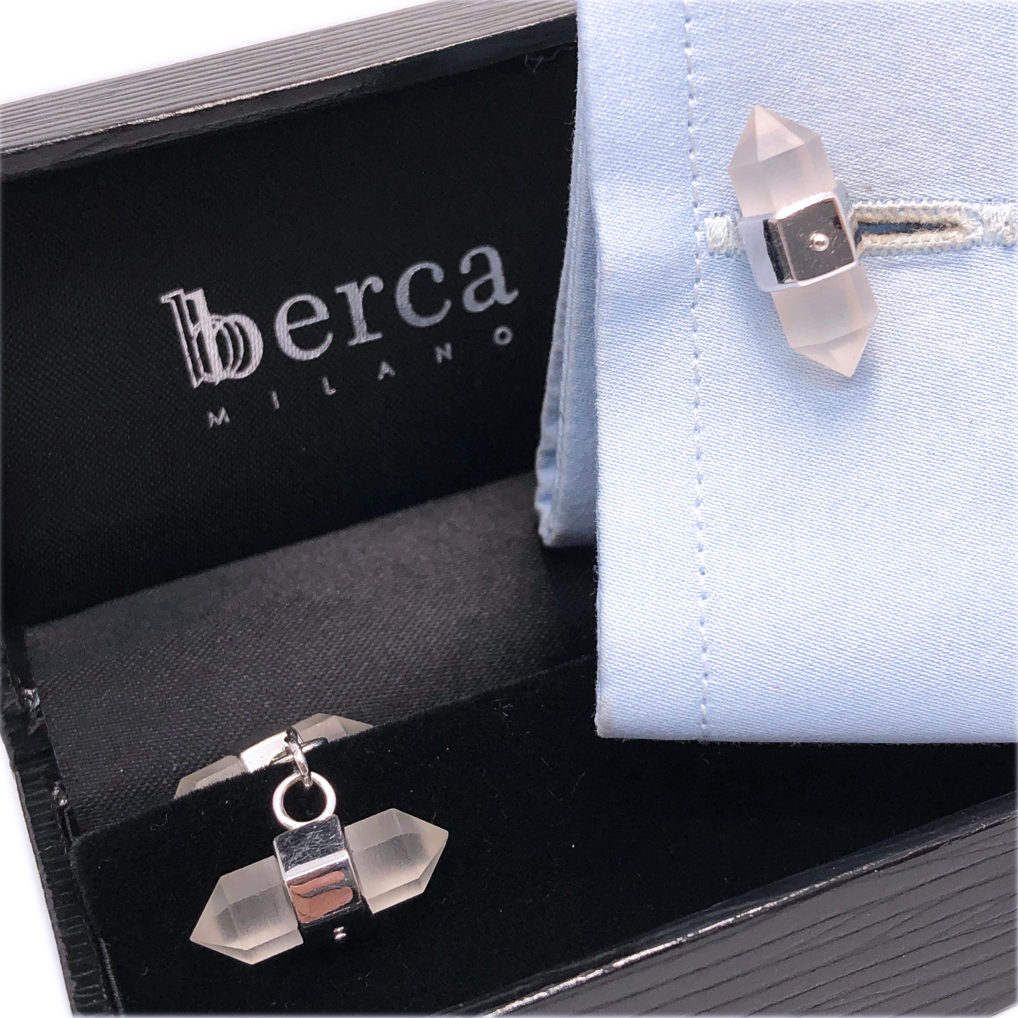 Berca Hand Inlaid Rock Crystal Pencil Shaped 18 Karat White Gold Cufflinks For Sale 2
