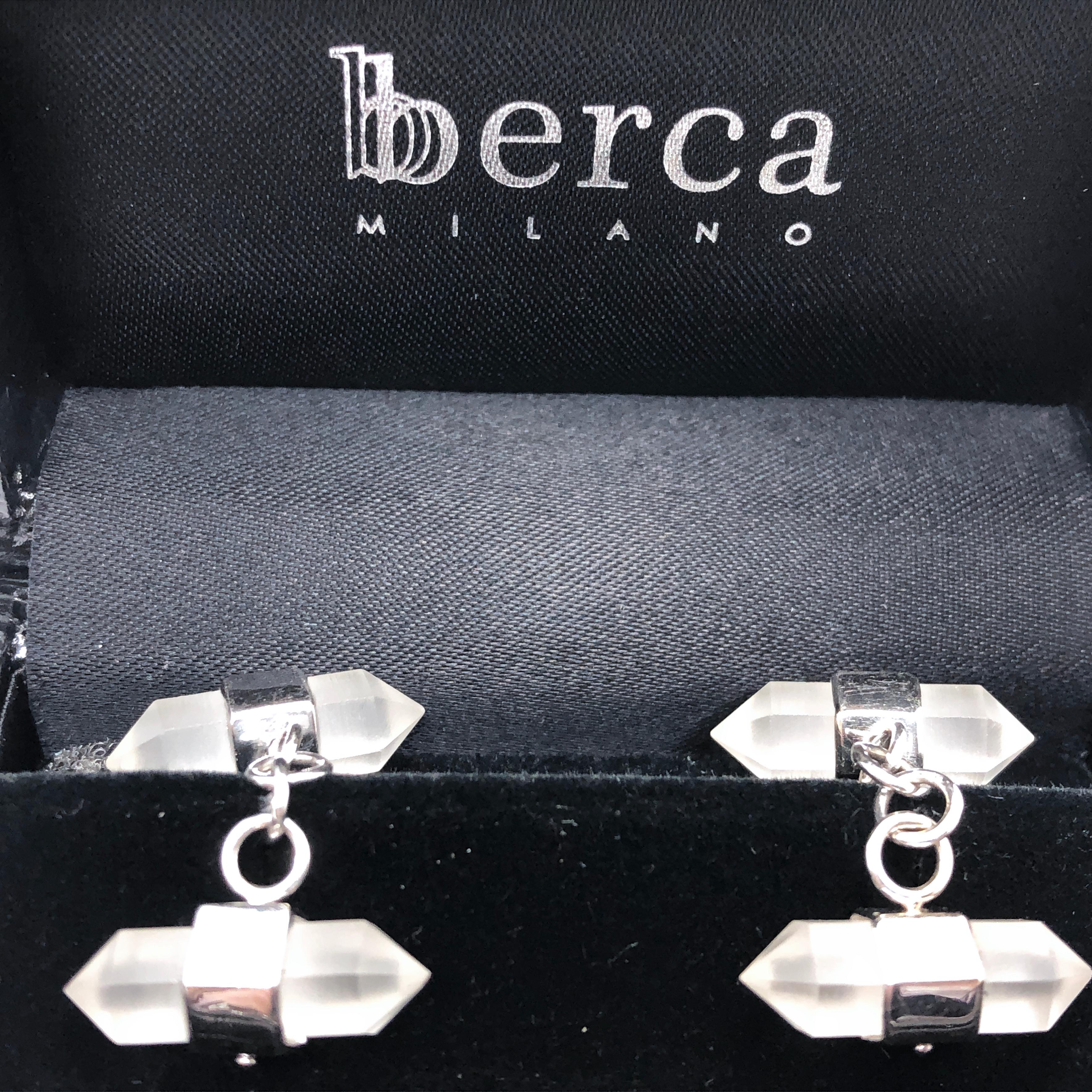 Berca Hand Inlaid Rock Crystal Pencil Shaped 18 Karat White Gold Cufflinks For Sale 1