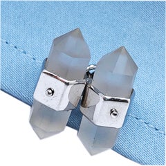 Berca Hand Inlaid Rock Crystal Pencil Shaped 18 Karat White Gold Cufflinks