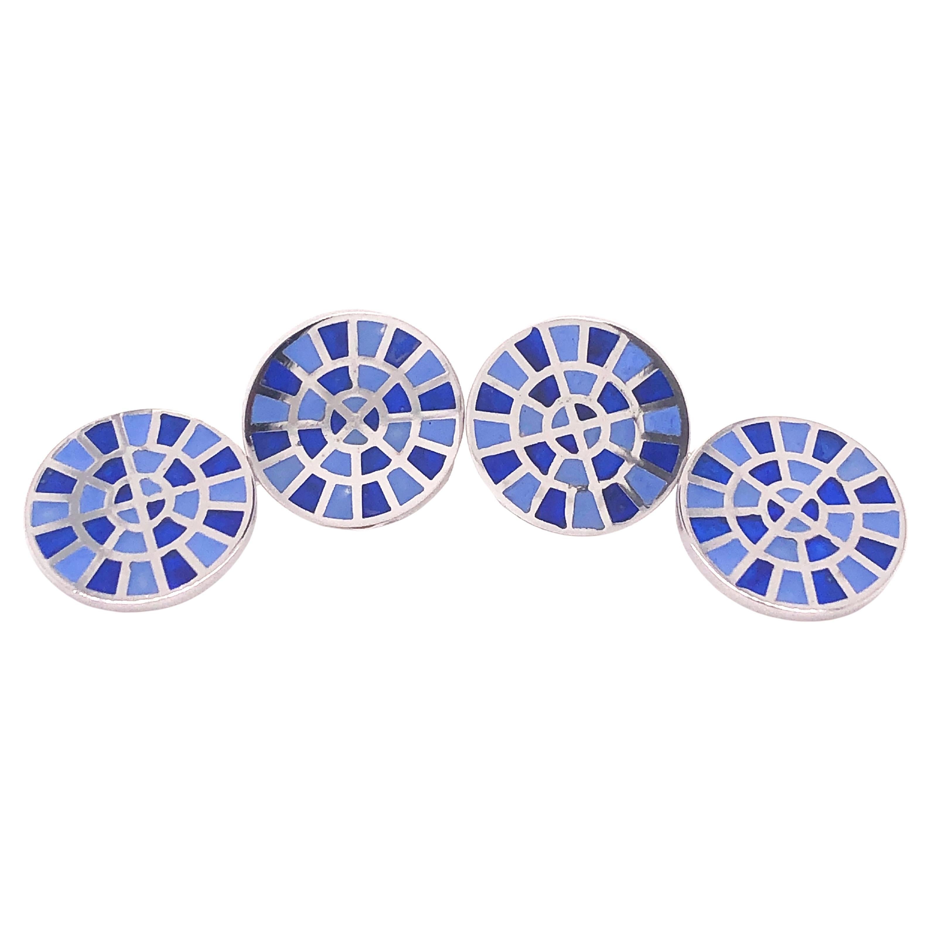 Manschettenknöpfe aus Sterlingsilber mit runder Emaille in Marineblau und Kornblumenblau von Hand