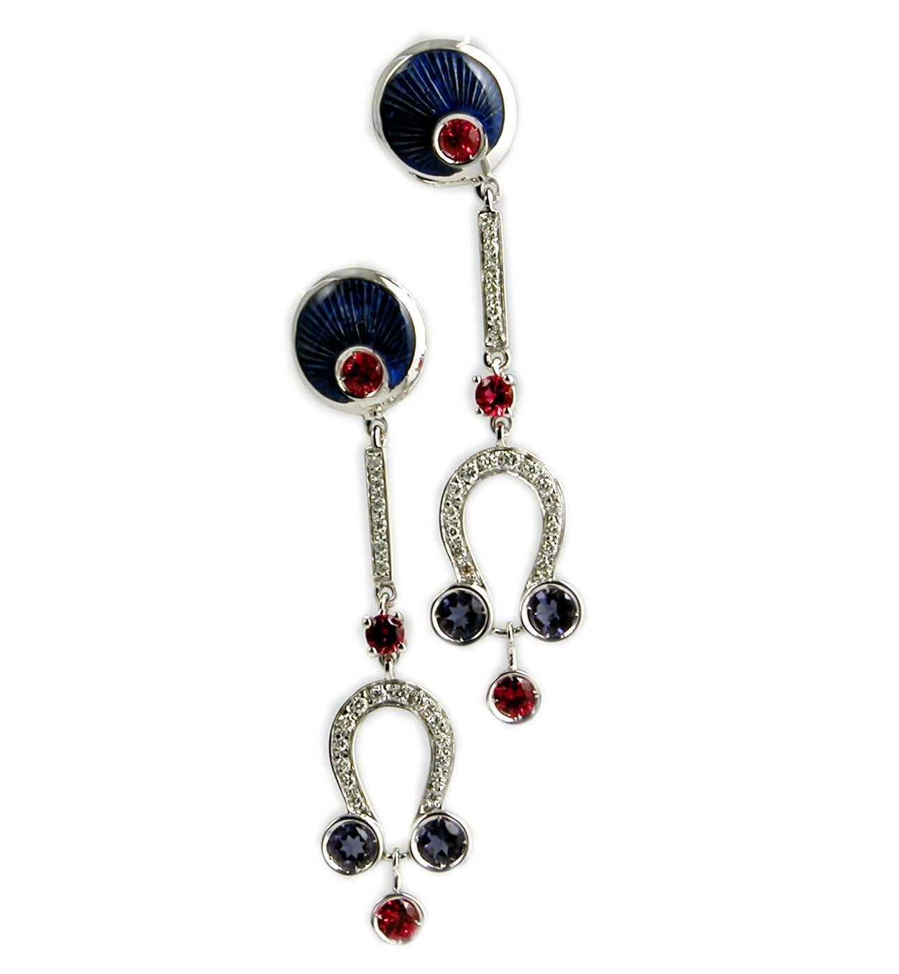 Berca Ruby Iolite White Diamond Art Deco Style Champslevé Enameled Drop Earrings For Sale 3