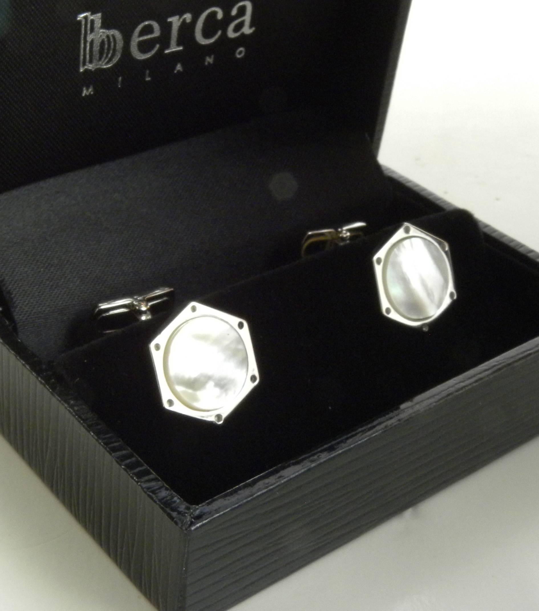 Antique Cushion Cut Berca Hand Inlaid Hexagonal Mother-of-pearl Sterling Silver Cufflinks