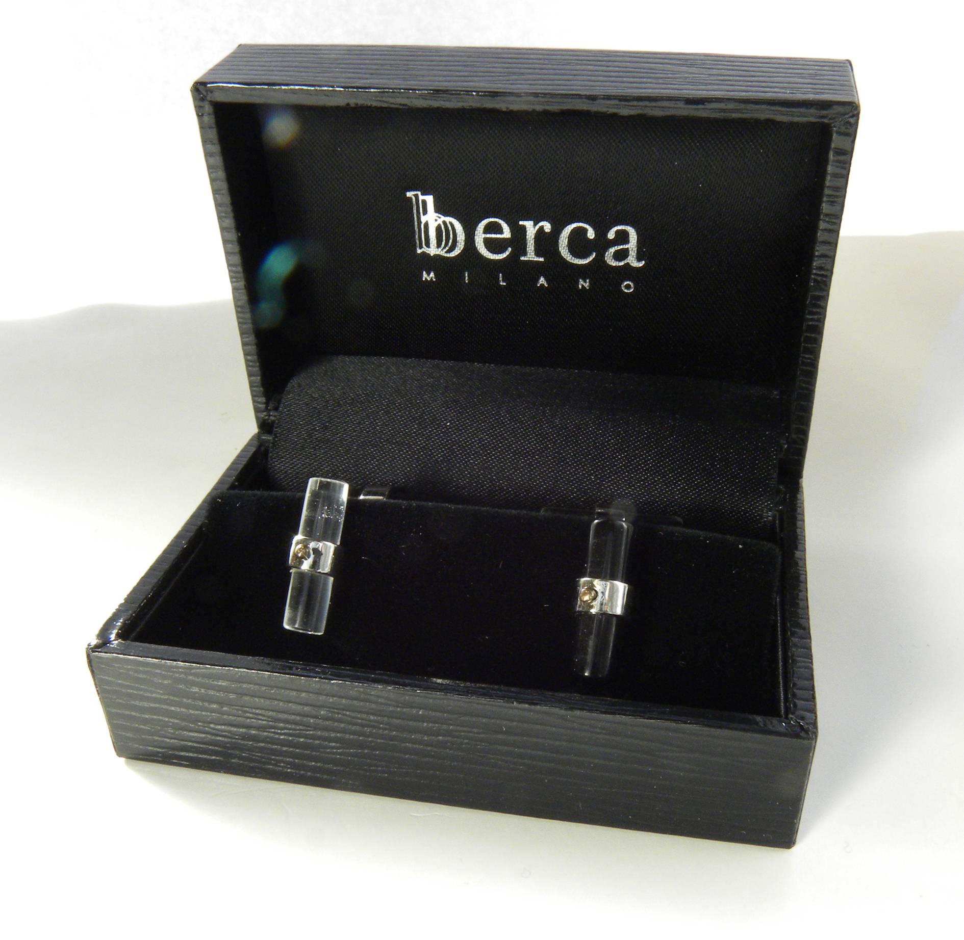 Contemporary Berca Hand Inlaid Rock Crystal and Onyx Baton Sterling Silver Cufflinks For Sale