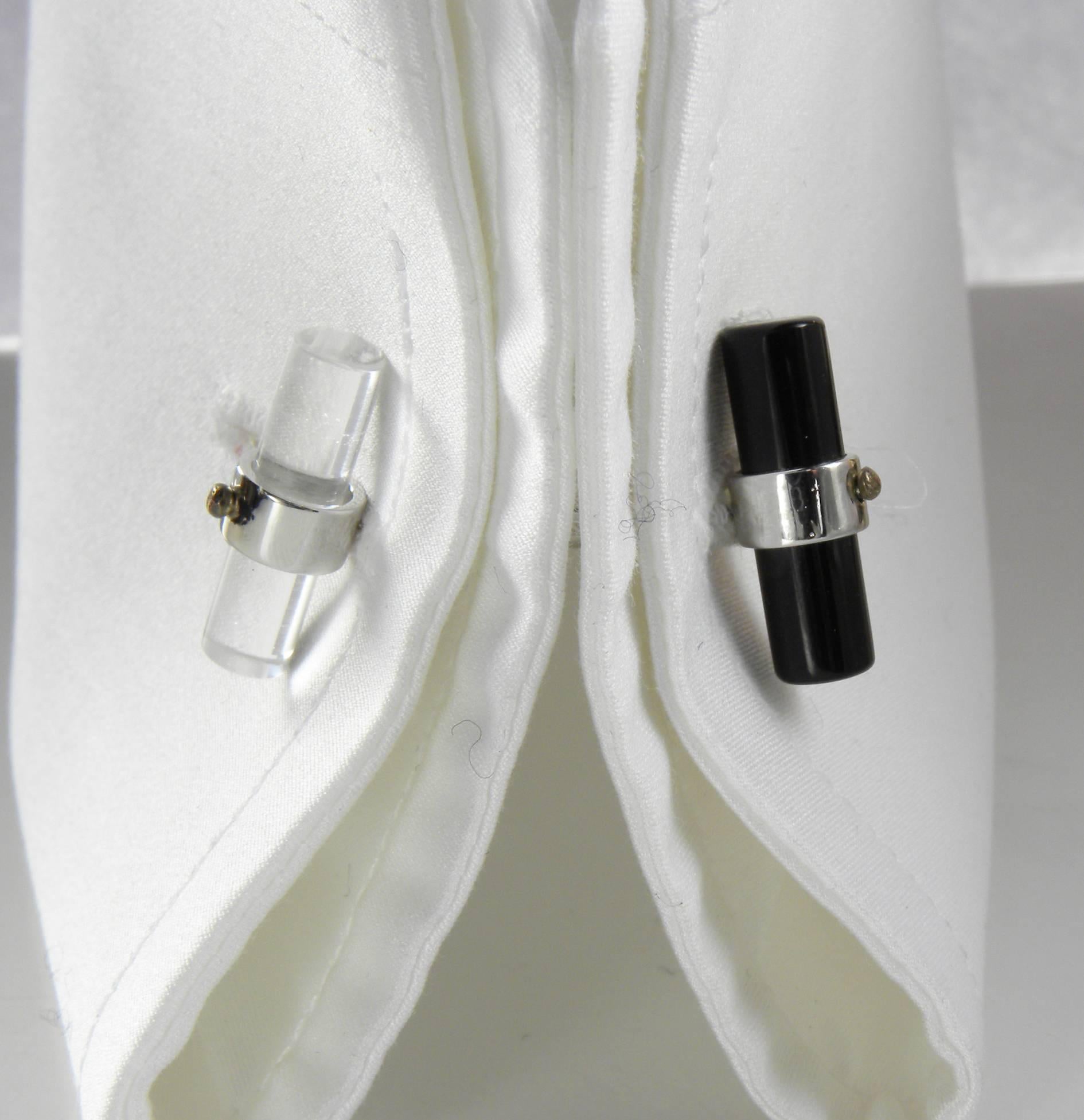 Bullet Cut Berca Hand Inlaid Rock Crystal and Onyx Baton Sterling Silver Cufflinks For Sale
