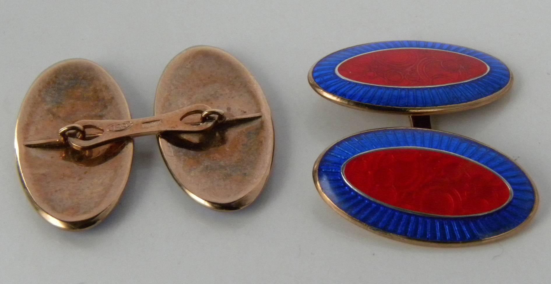 Art Nouveau Champslevé Enamel Sterling Silver Rose Gold Plate Red and Blue Cufflinks