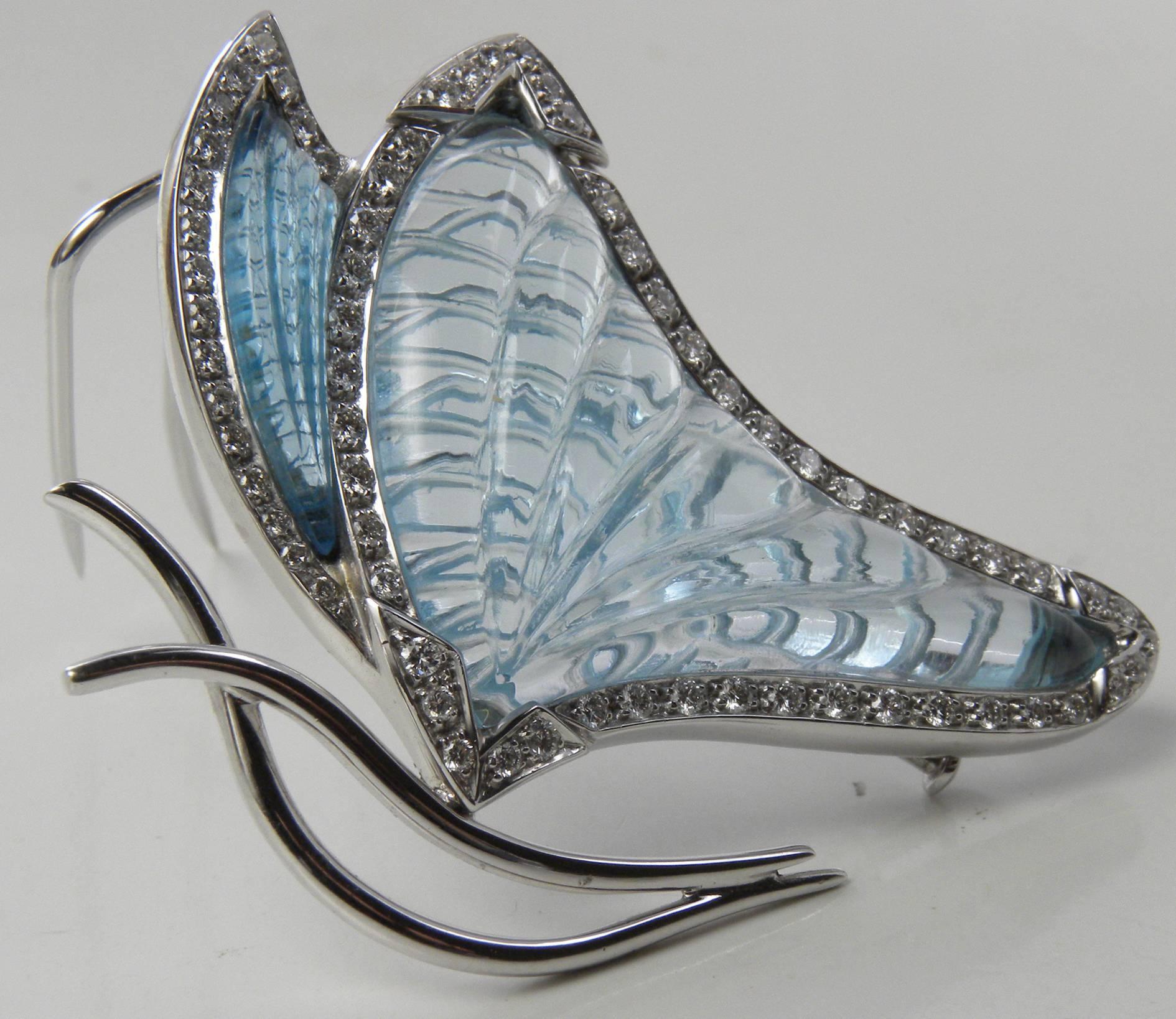 Modern Berca 25Kt Natural Hand Inlaid Aquamarine And Topaz Diamond Butterfly  Brooch