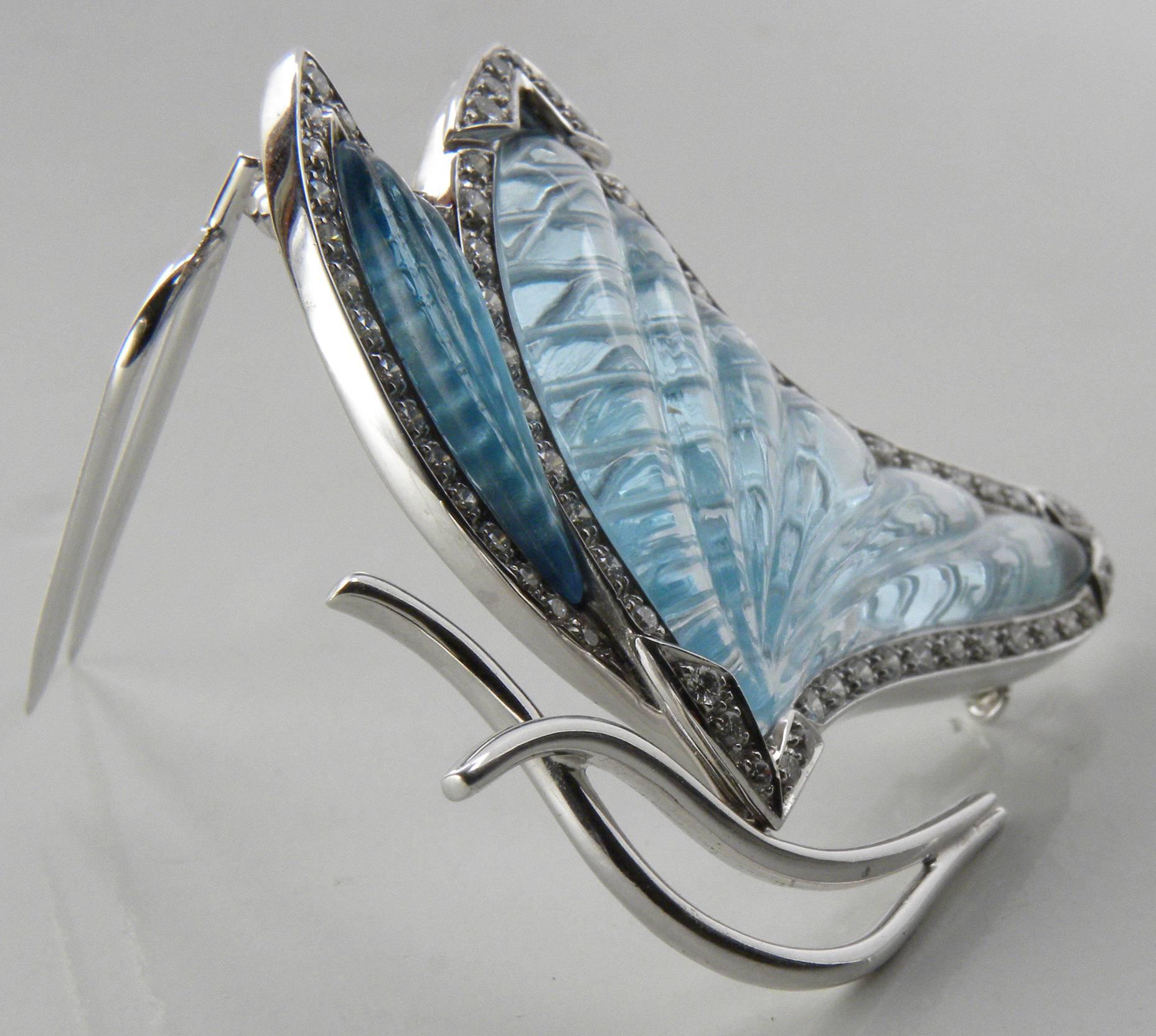 Cabochon Berca 25Kt Natural Hand Inlaid Aquamarine And Topaz Diamond Butterfly  Brooch