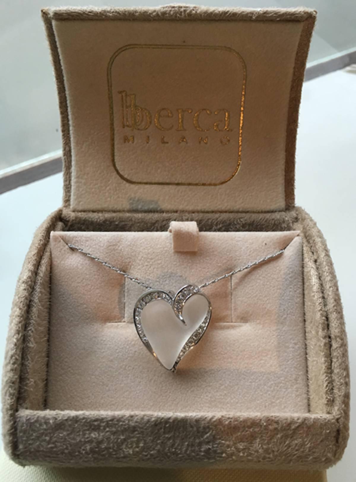 Berca 0.56 Karat White Diamond Hand Inlaid Rock Crystal Platinum Heart Pendant For Sale 4