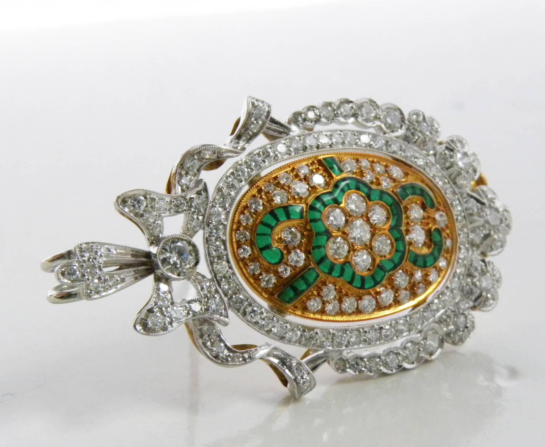 Art Nouveau 1970s French  Diamond Green Plique à Jour Enamel Brooch Pendant For Sale