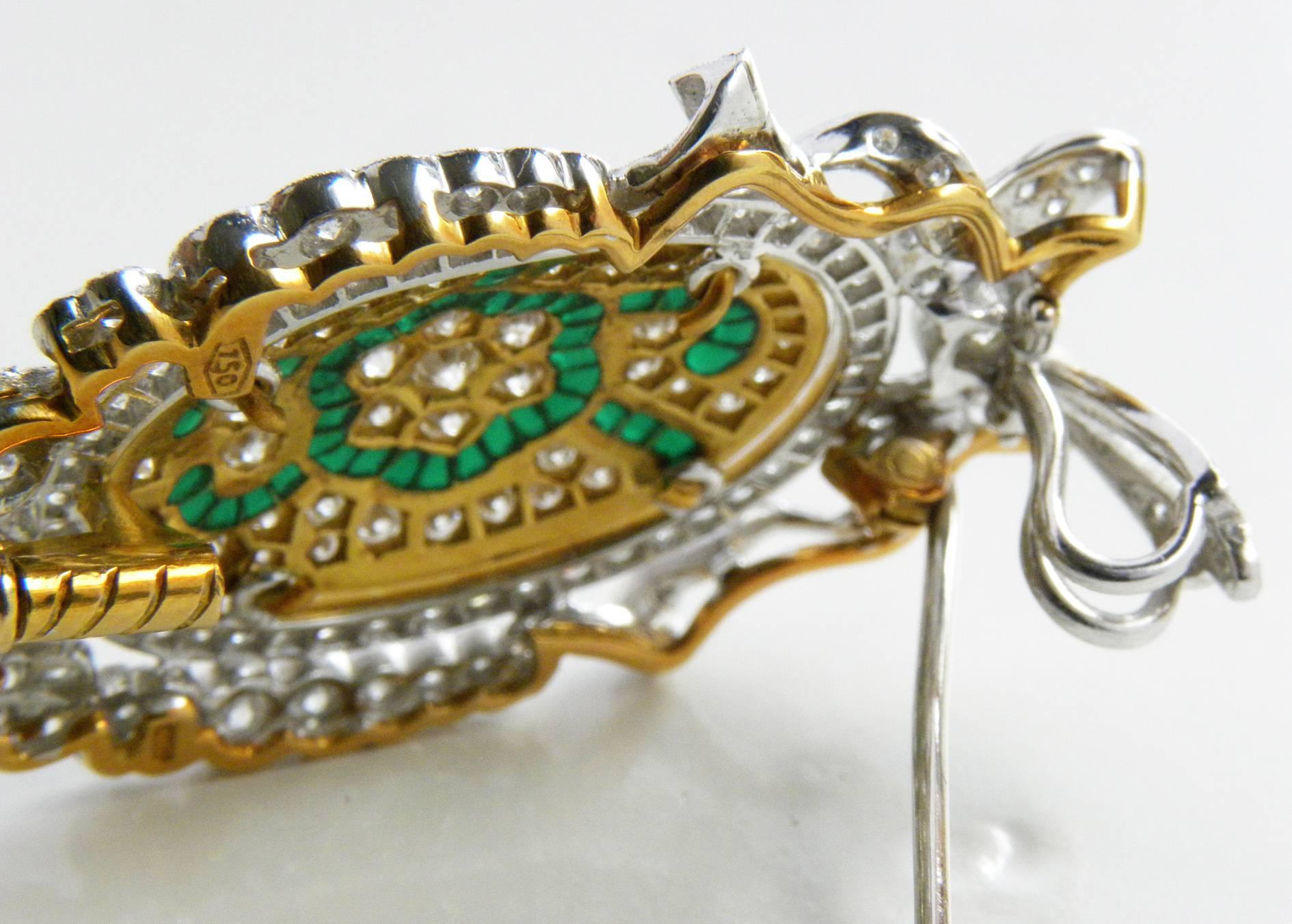 1970 Français  Pendentif Broche Plique à Jour en émail vert et diamants Pour femmes en vente