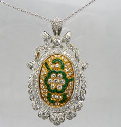 1970s French  Diamond Green Plique à Jour Enamel Brooch Pendant