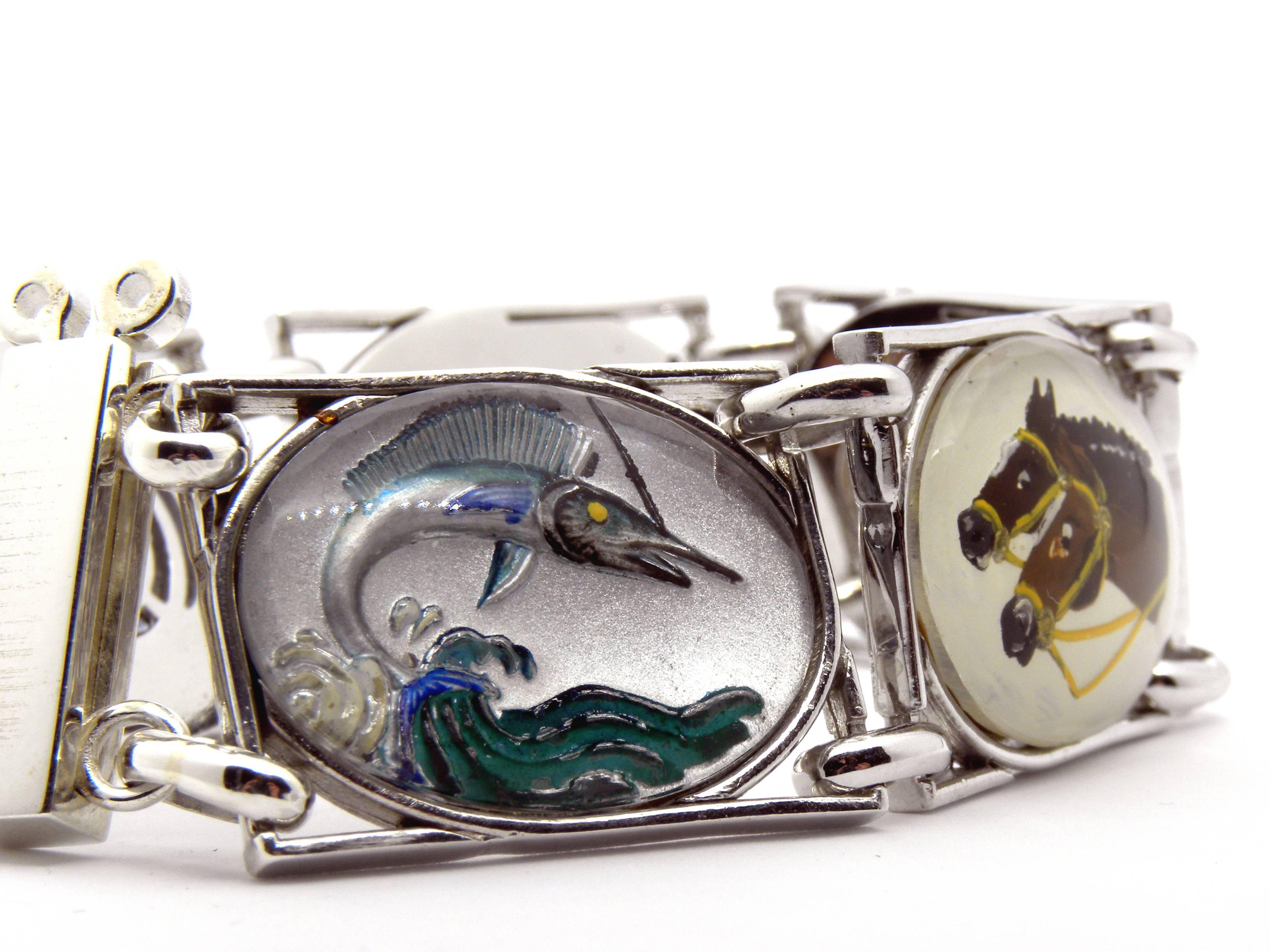 Original Fifties Reverse Painting Under Crystal Sterling Silver Bracelet In New Condition In Valenza, IT