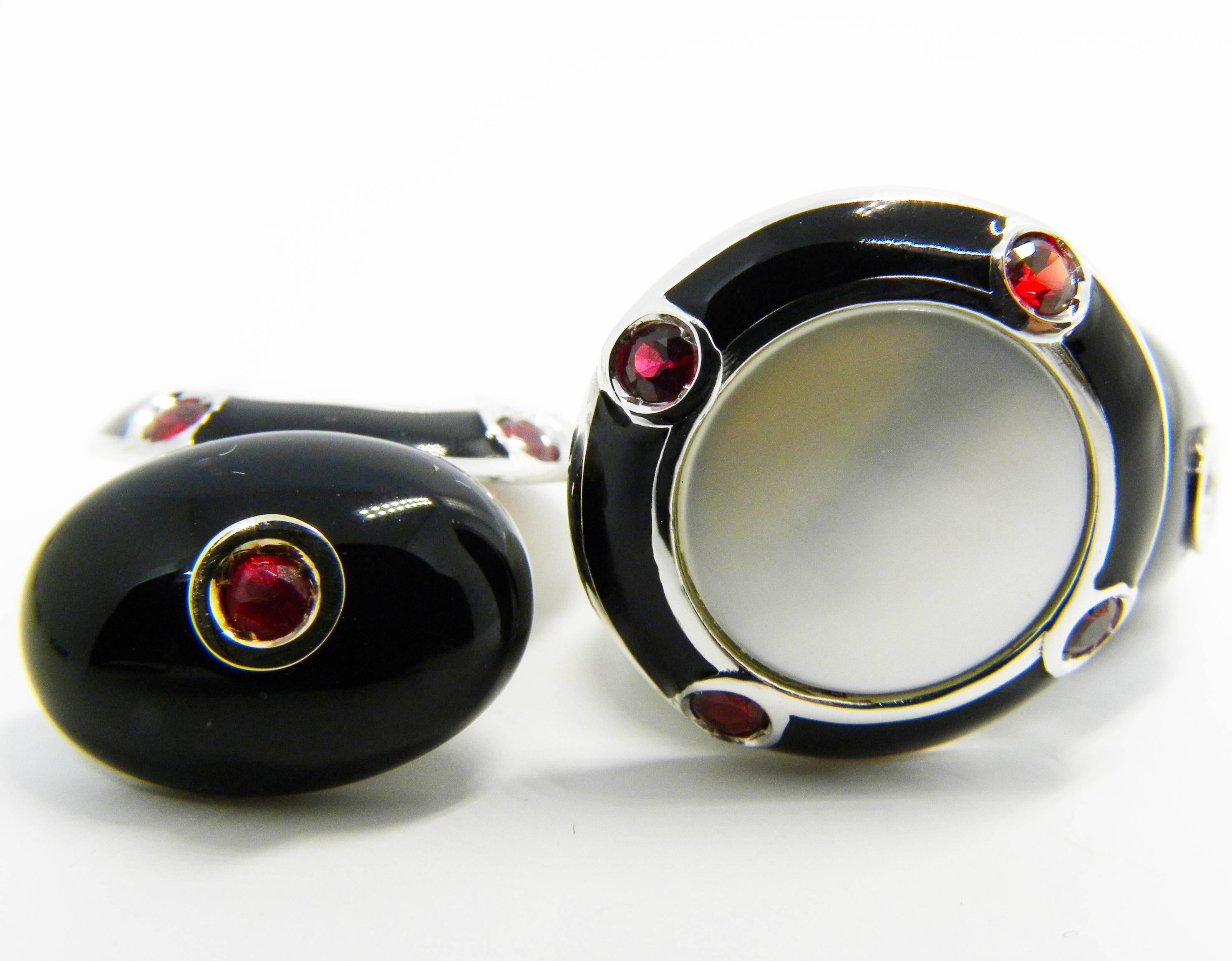 Art Deco Berca Ruby Onyx White Mother-of-pearl Hand  Enameled 18 Carat Gold Cufflinks For Sale