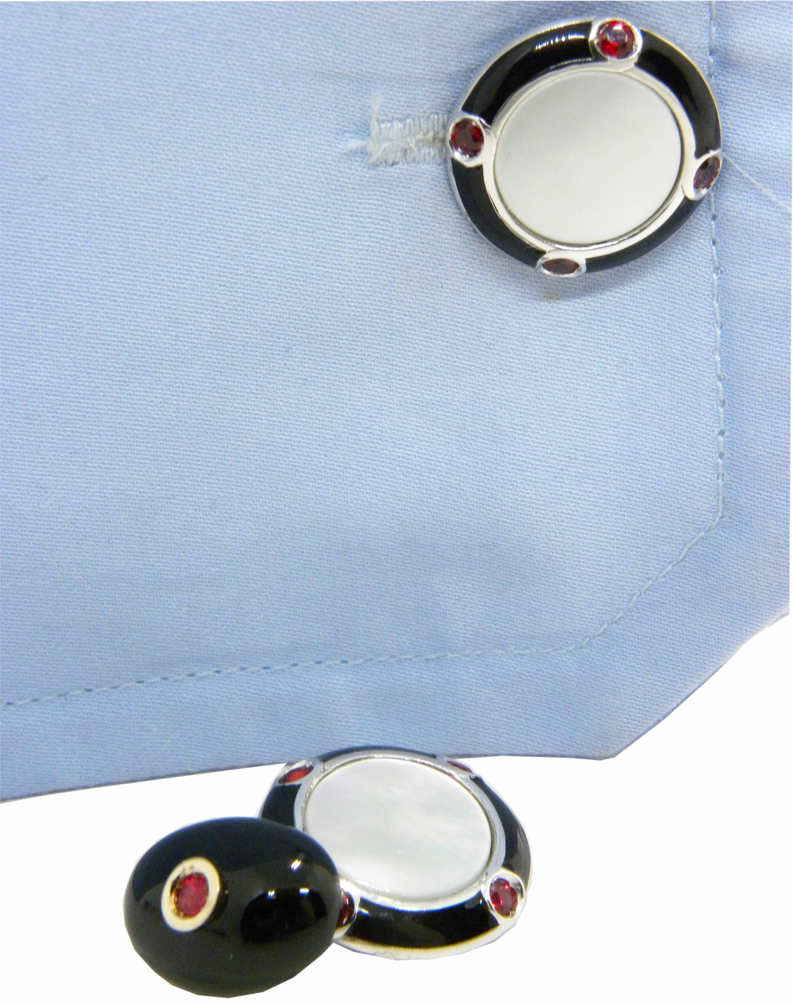 Berca Ruby Onyx White Mother-of-pearl Hand  Enameled 18 Carat Gold Cufflinks For Sale 1