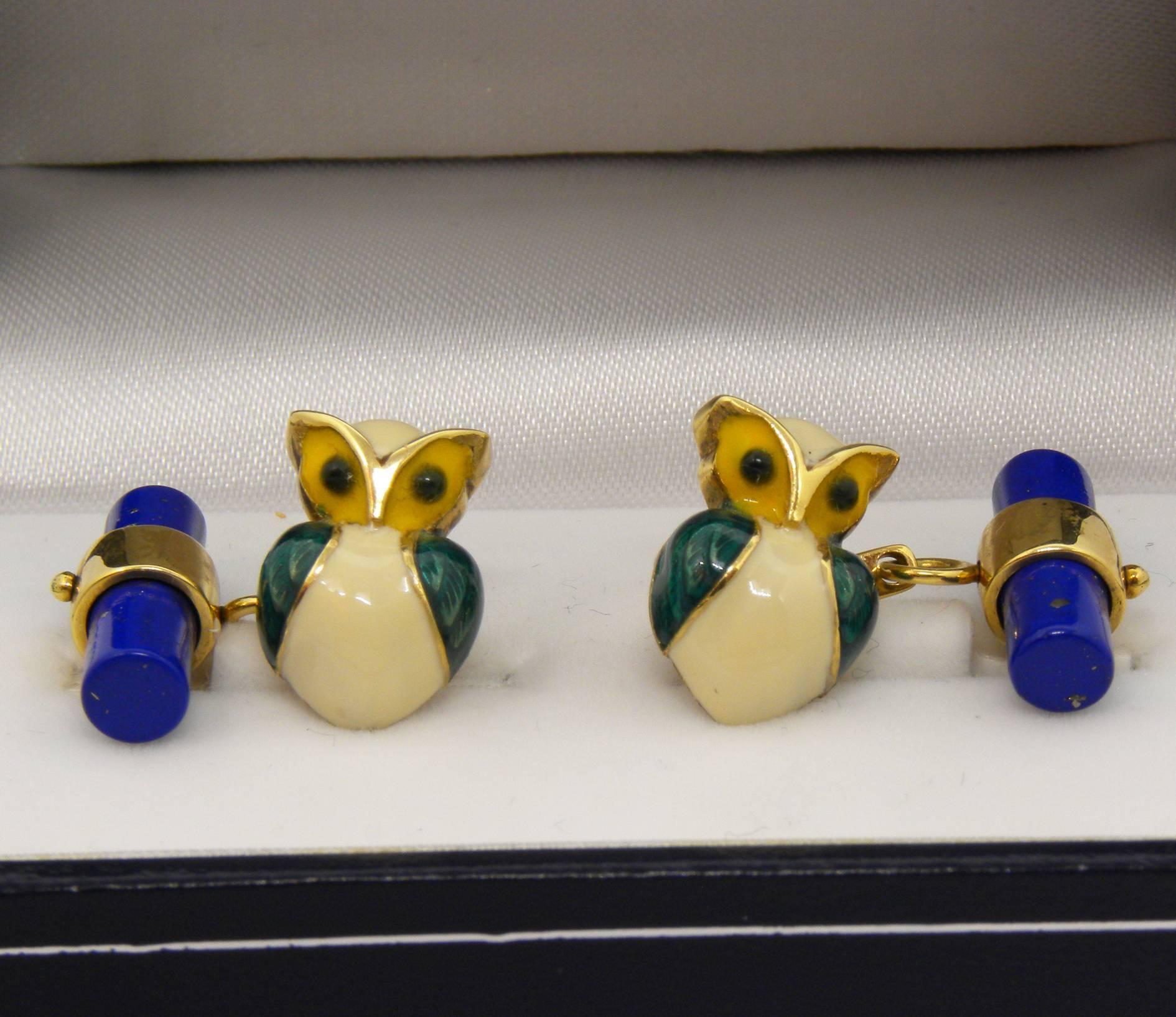 Modern Hand Enameled Little Owl Lapis Lazuli Stick Back Yellow Gold Cufflinks