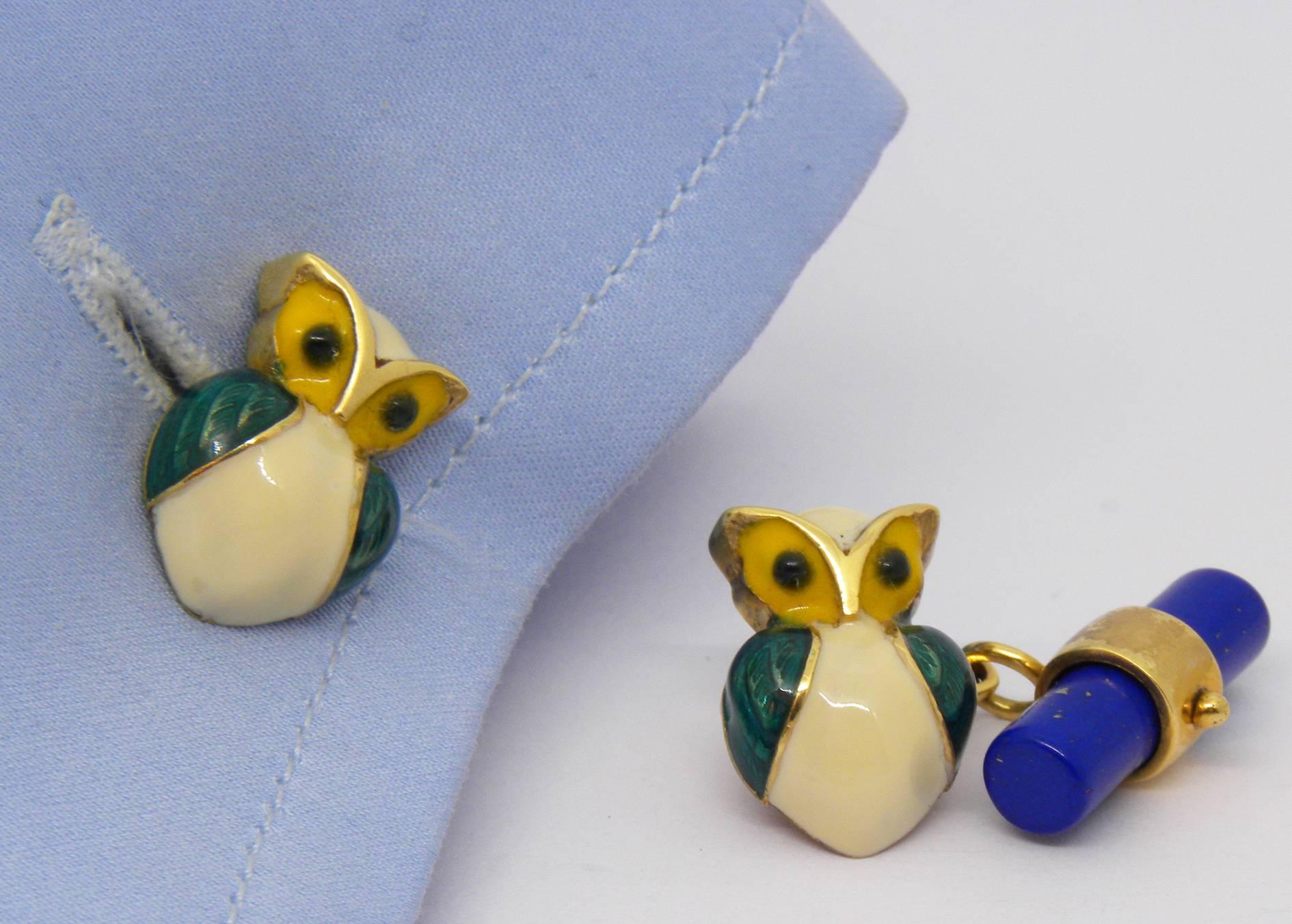 Hand Enameled Little Owl Lapis Lazuli Stick Back Yellow Gold Cufflinks In New Condition In Valenza, IT