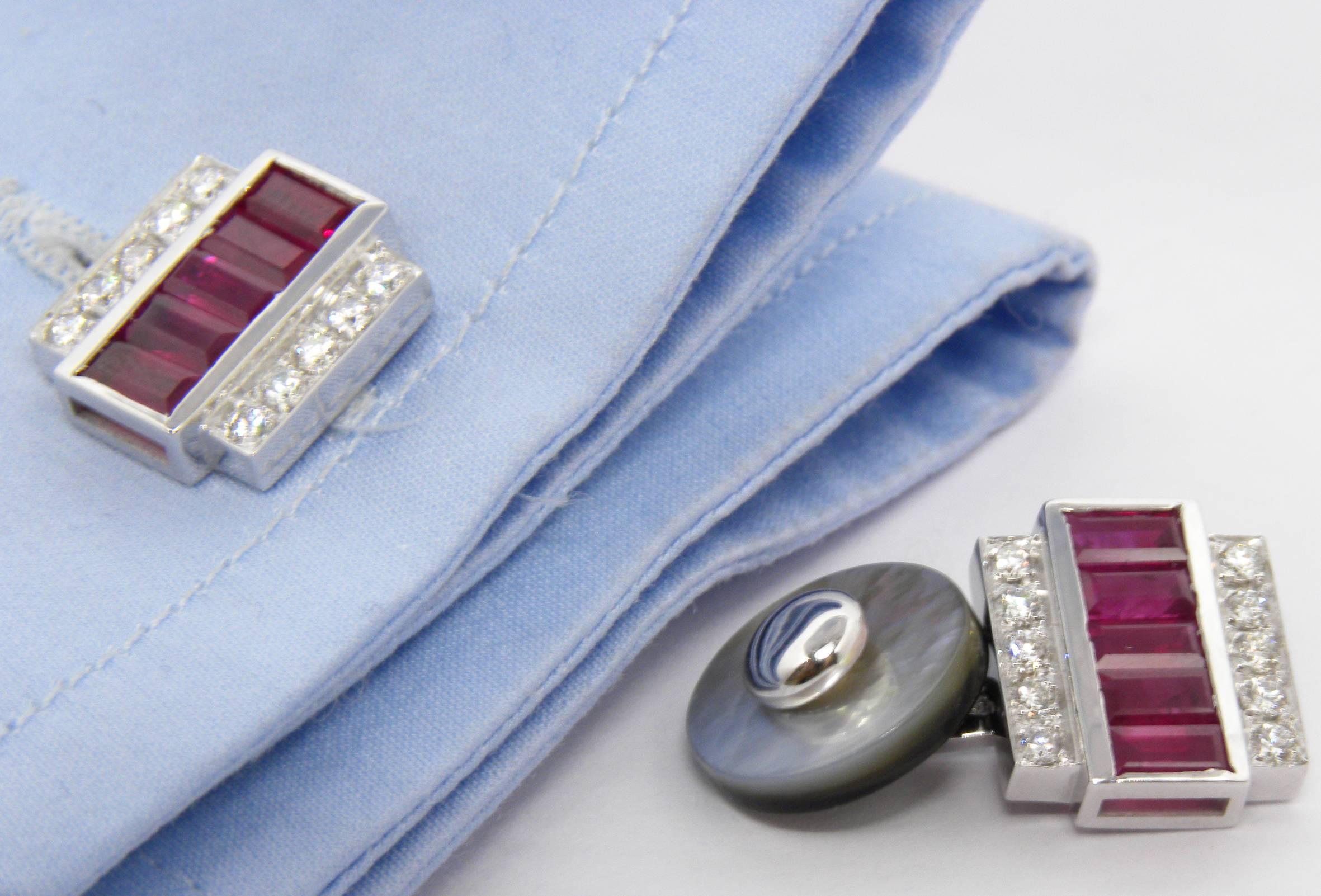 3.46 Karat Natural Ruby Baguette 0.59Kt White Diamond Moonstone Back Cufflinks For Sale 1