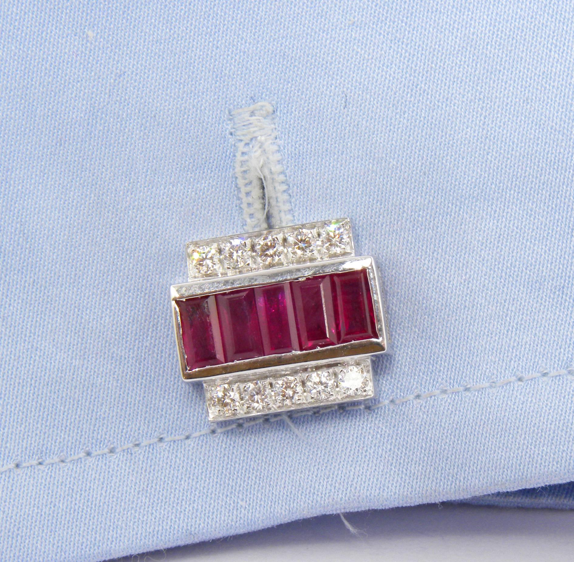 3.46 Karat Natural Ruby Baguette 0.59Kt White Diamond Moonstone Back Cufflinks For Sale 2