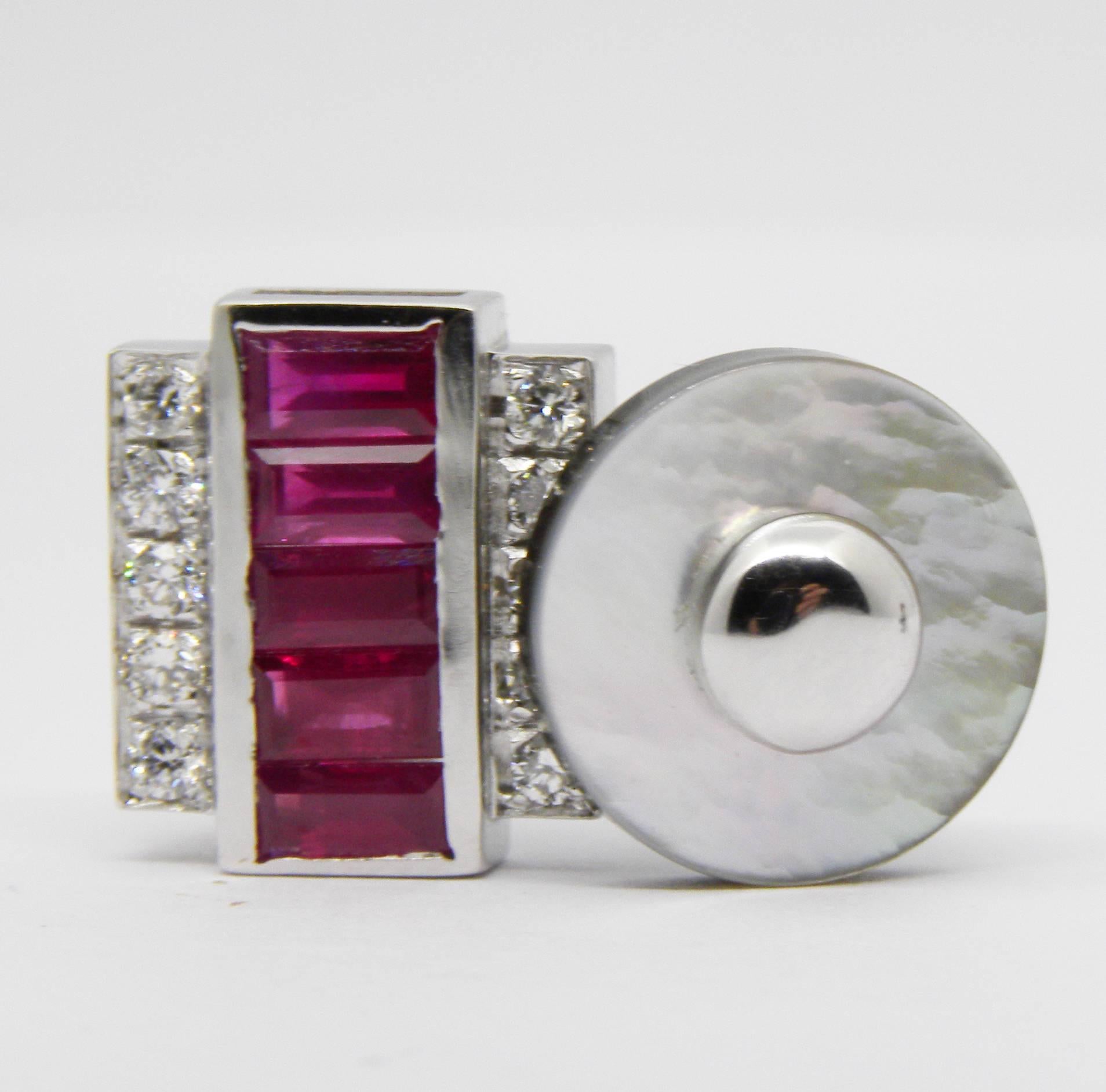 3.46 Karat Natural Ruby Baguette 0.59Kt White Diamond Moonstone Back Cufflinks For Sale 3