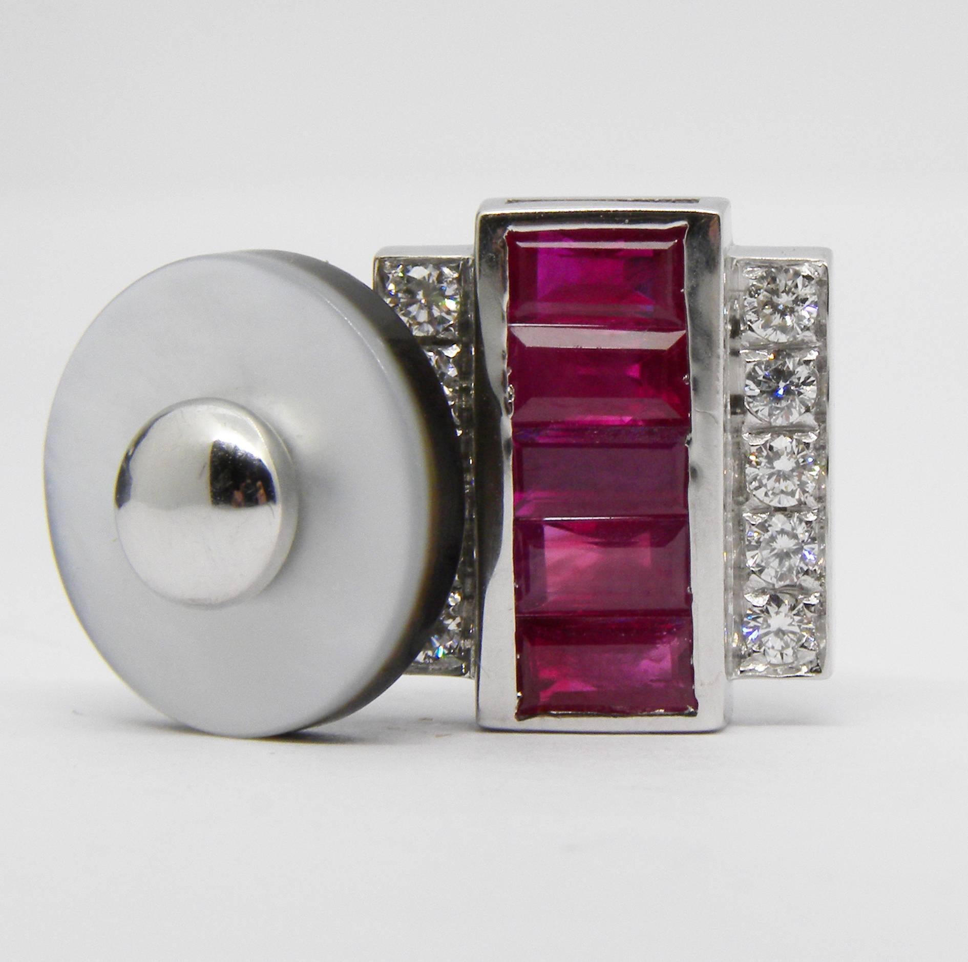 3.46 Karat Natural Ruby Baguette 0.59Kt White Diamond Moonstone Back Cufflinks For Sale 4