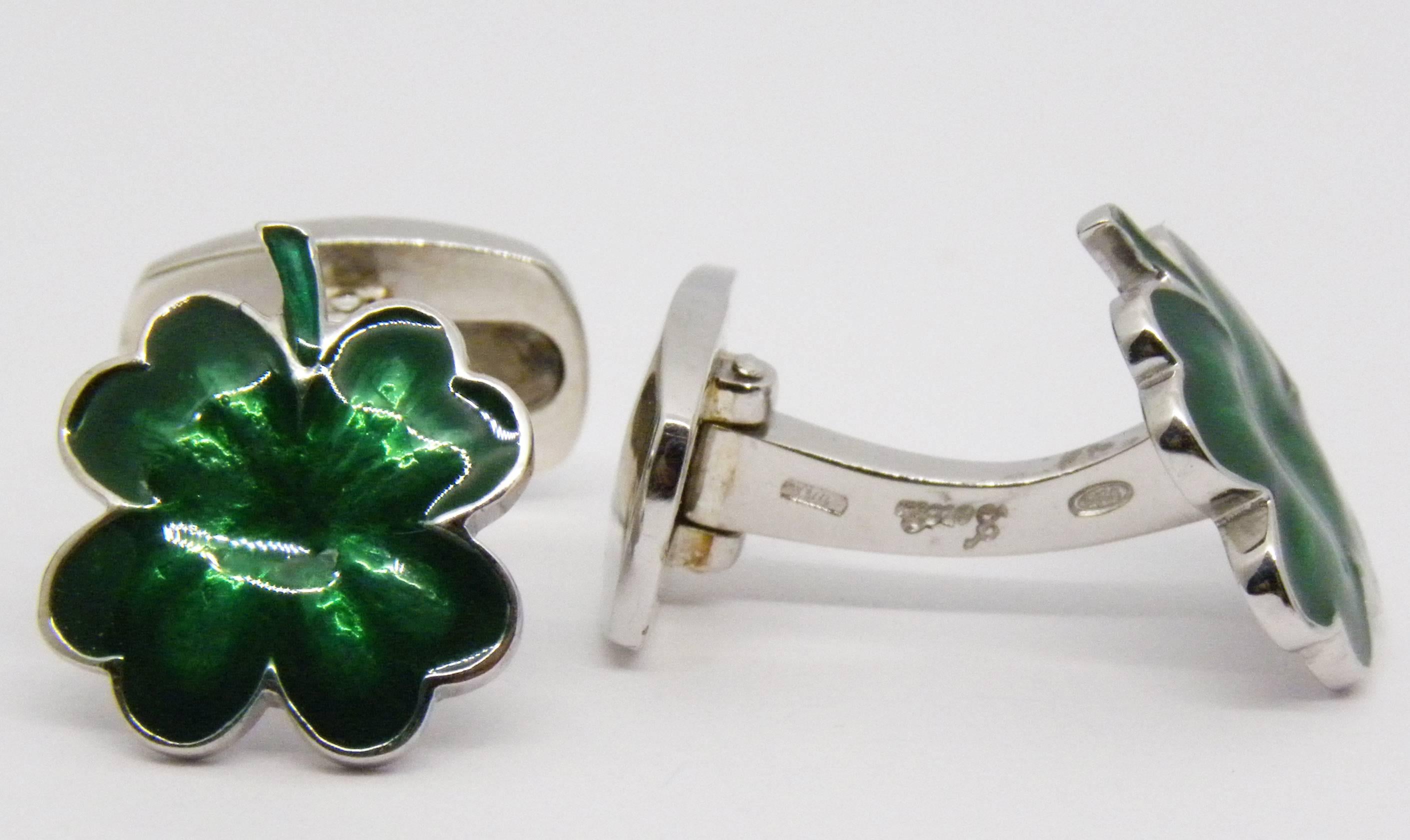 Men's Green Hand Enamelled Cloverleaf Sterling Silver Cufflinks with T-Bar Back