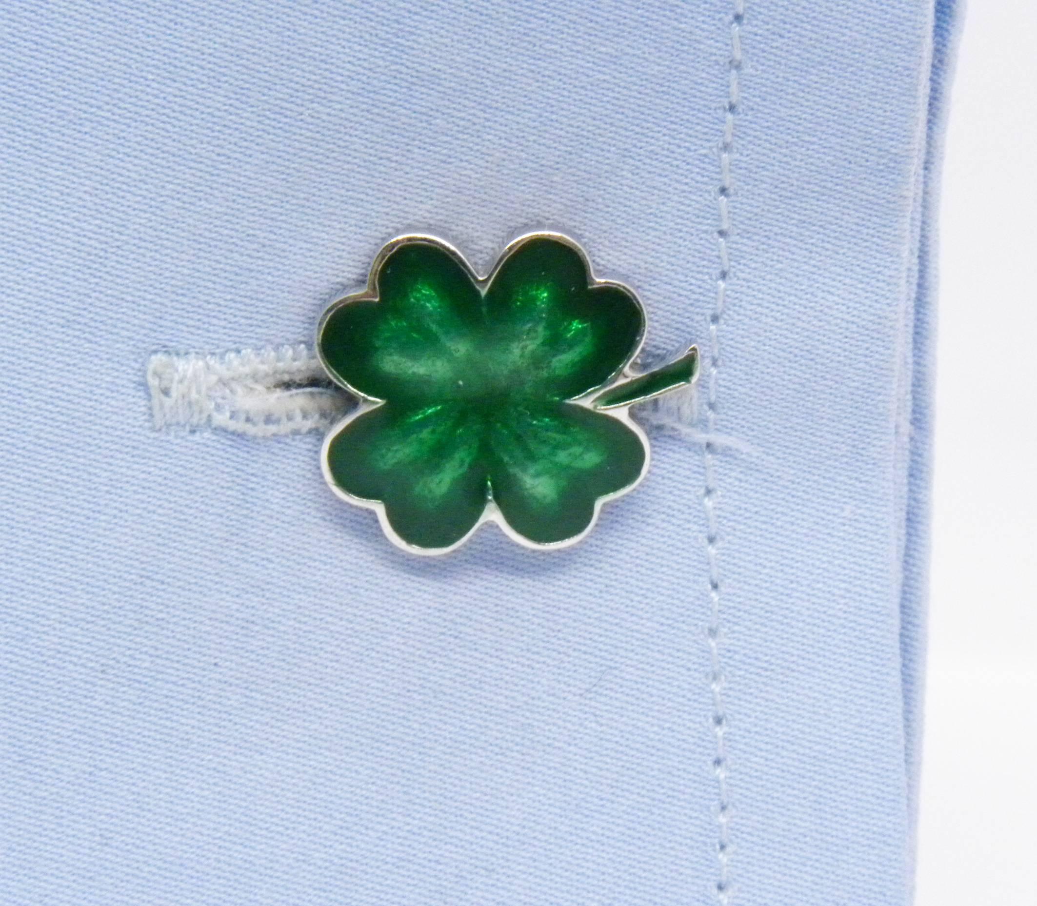 Contemporary Green Hand Enamelled Cloverleaf Sterling Silver Cufflinks with T-Bar Back