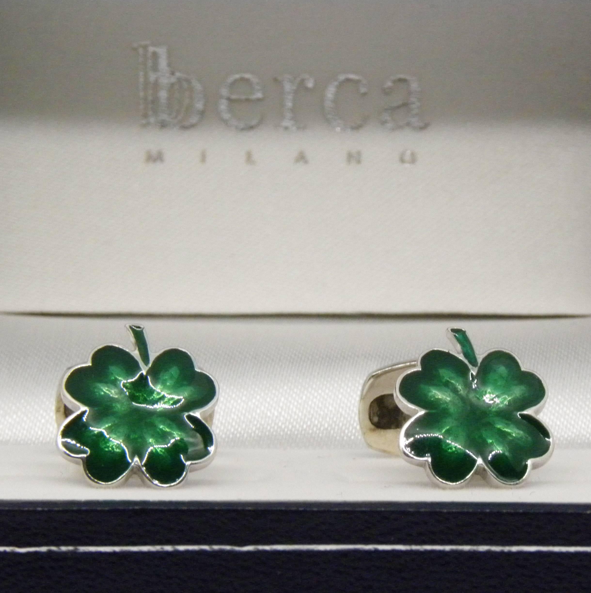 Green Hand Enamelled Cloverleaf Sterling Silver Cufflinks with T-Bar Back 1