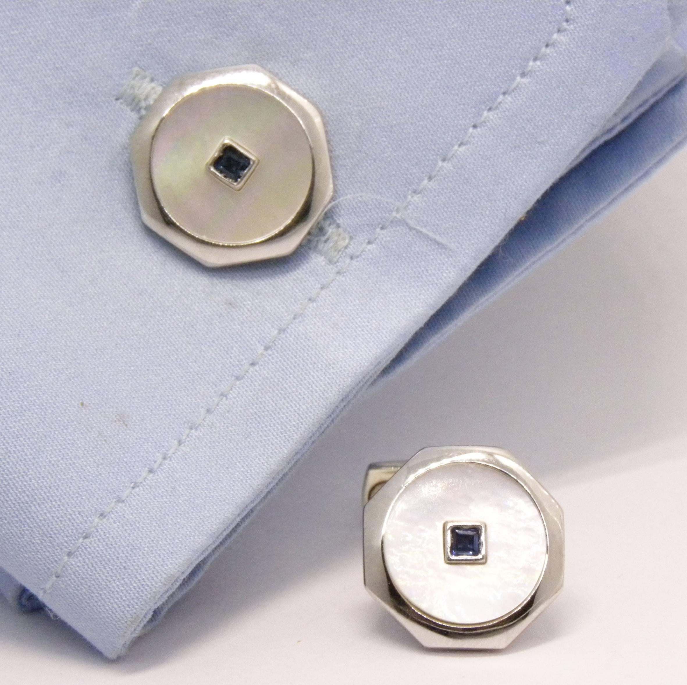 0.14 Natural Square Sapphire T-Bar Back White Gold Cufflinks 1