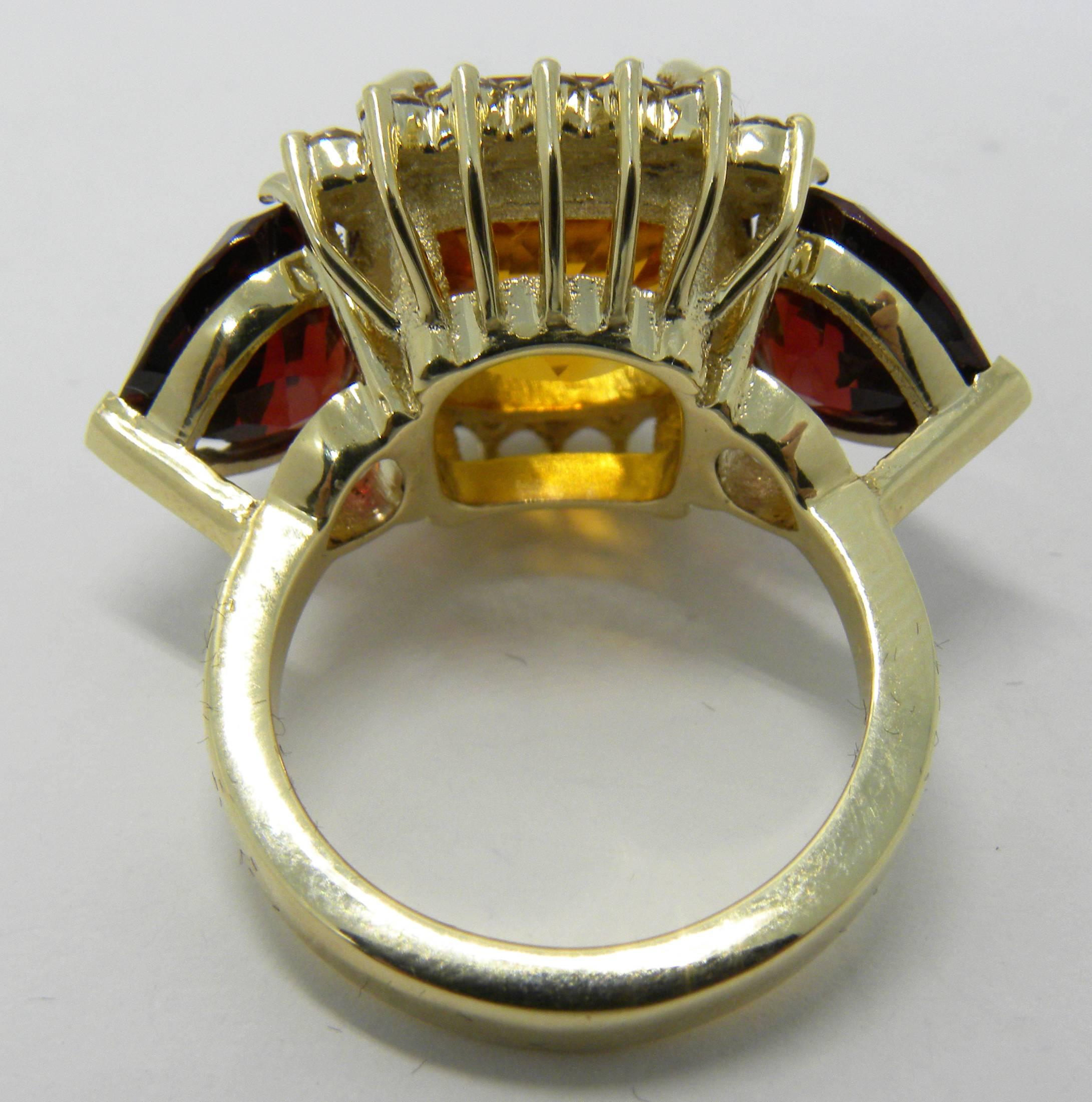 Antique Cushion Cut Berca Natural Antik Cut Madeira Quartz Red Spessartite Champagne Diamond Ring For Sale