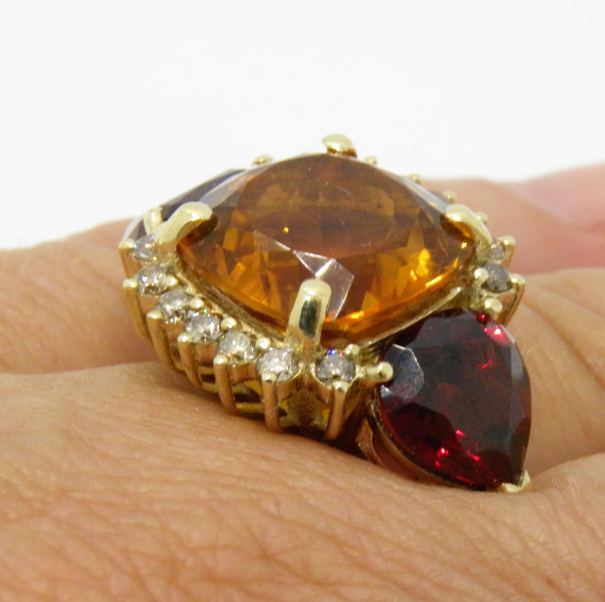 Berca Natural Antik Cut Madeira Quartz Red Spessartite Champagne Diamond Ring For Sale 1