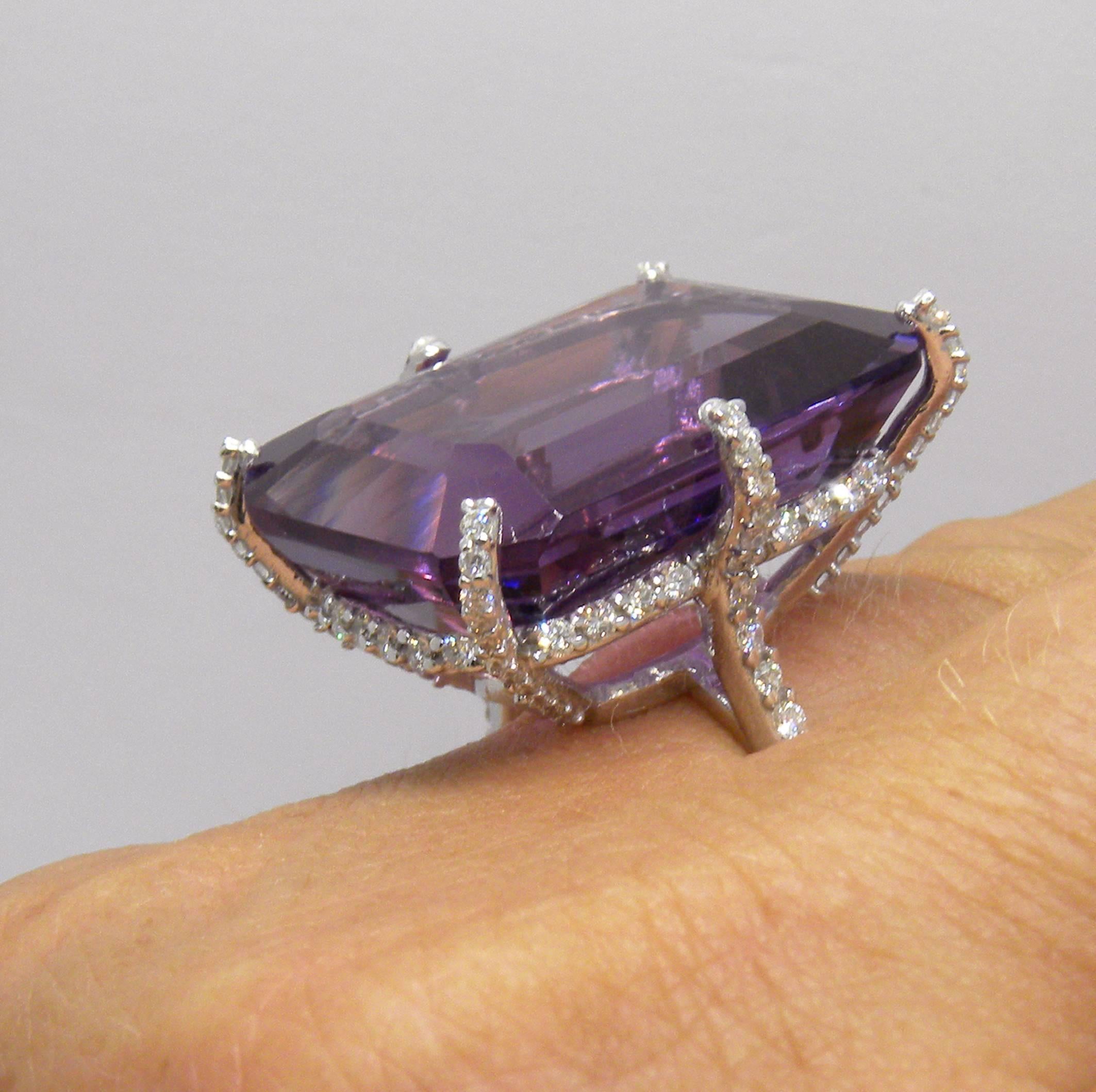 Women's 31.76 Carat Emerald Cut Amethyst White Diamond Stunning Cocktail Ring