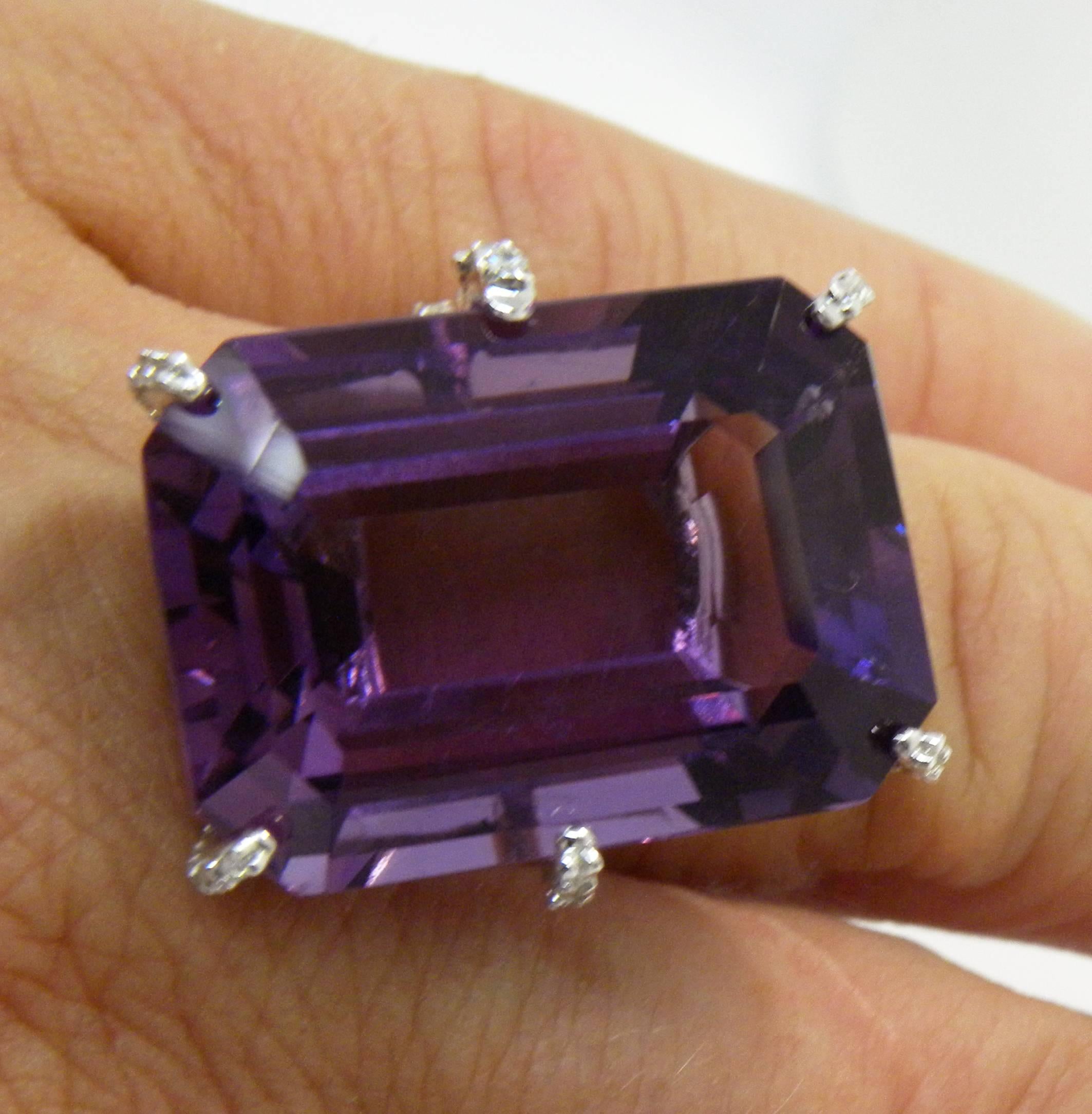 31.76 Carat Emerald Cut Amethyst White Diamond Stunning Cocktail Ring 2