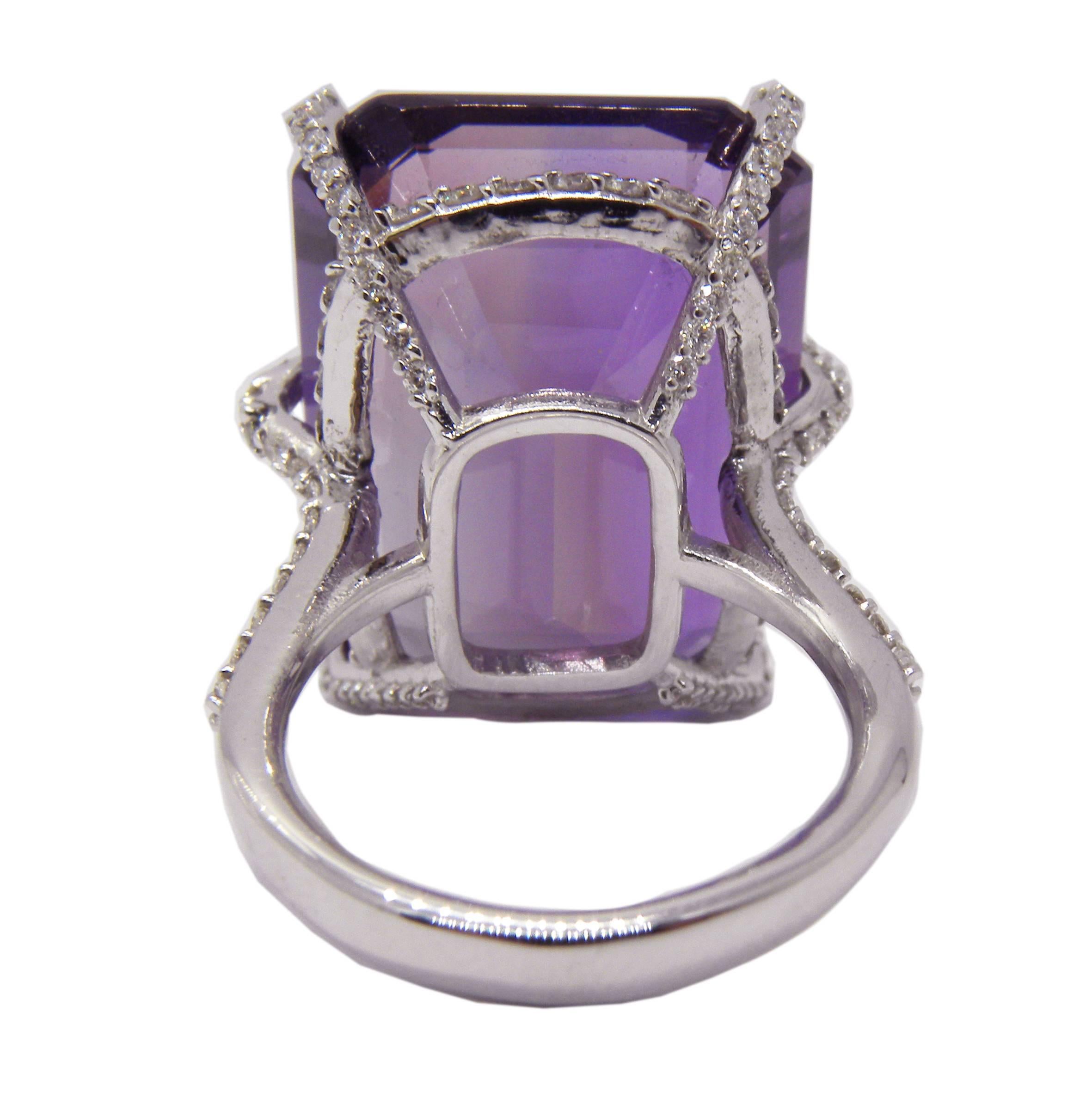 31.76 Carat Emerald Cut Amethyst White Diamond Stunning Cocktail Ring 1