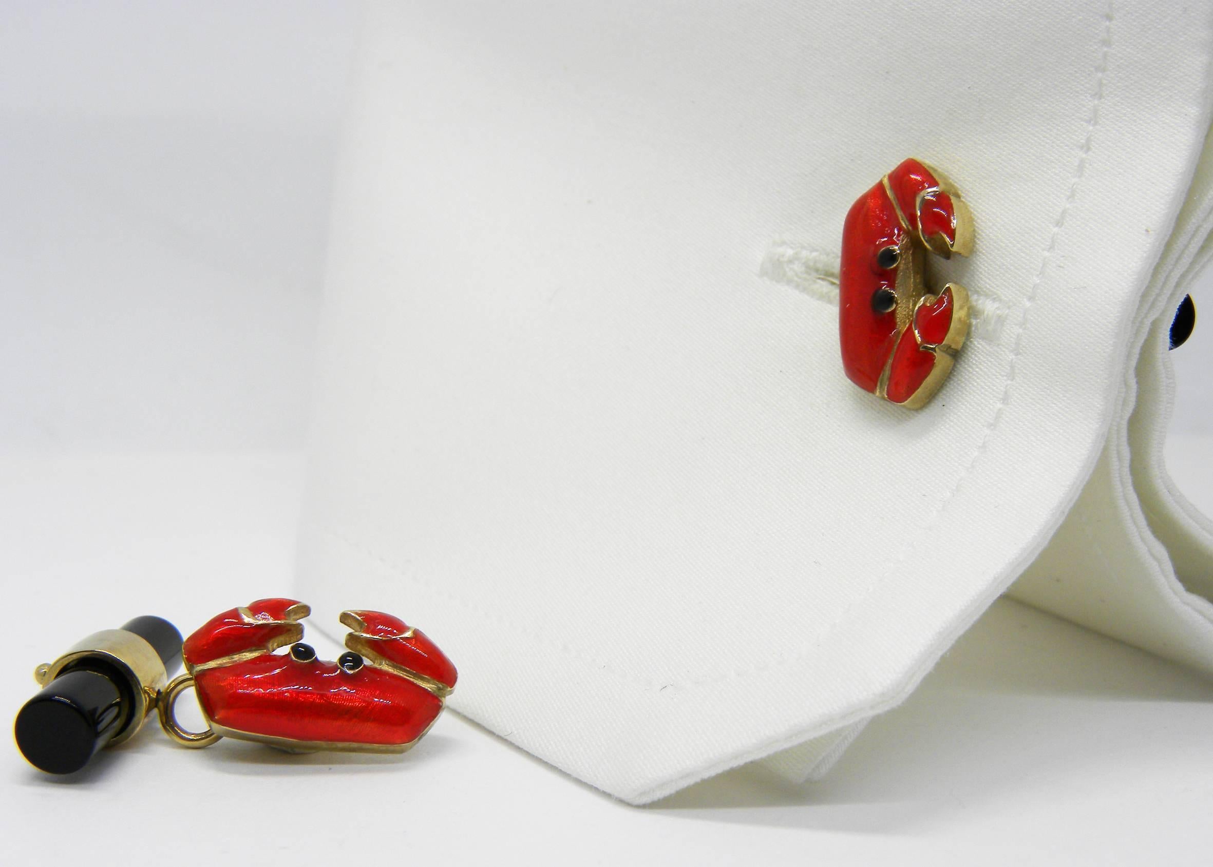 Women's or Men's Berca Hand Enameled Red Crab, Cancer Sign Shaped Onyx Stick Back Gold Cufflinks For Sale