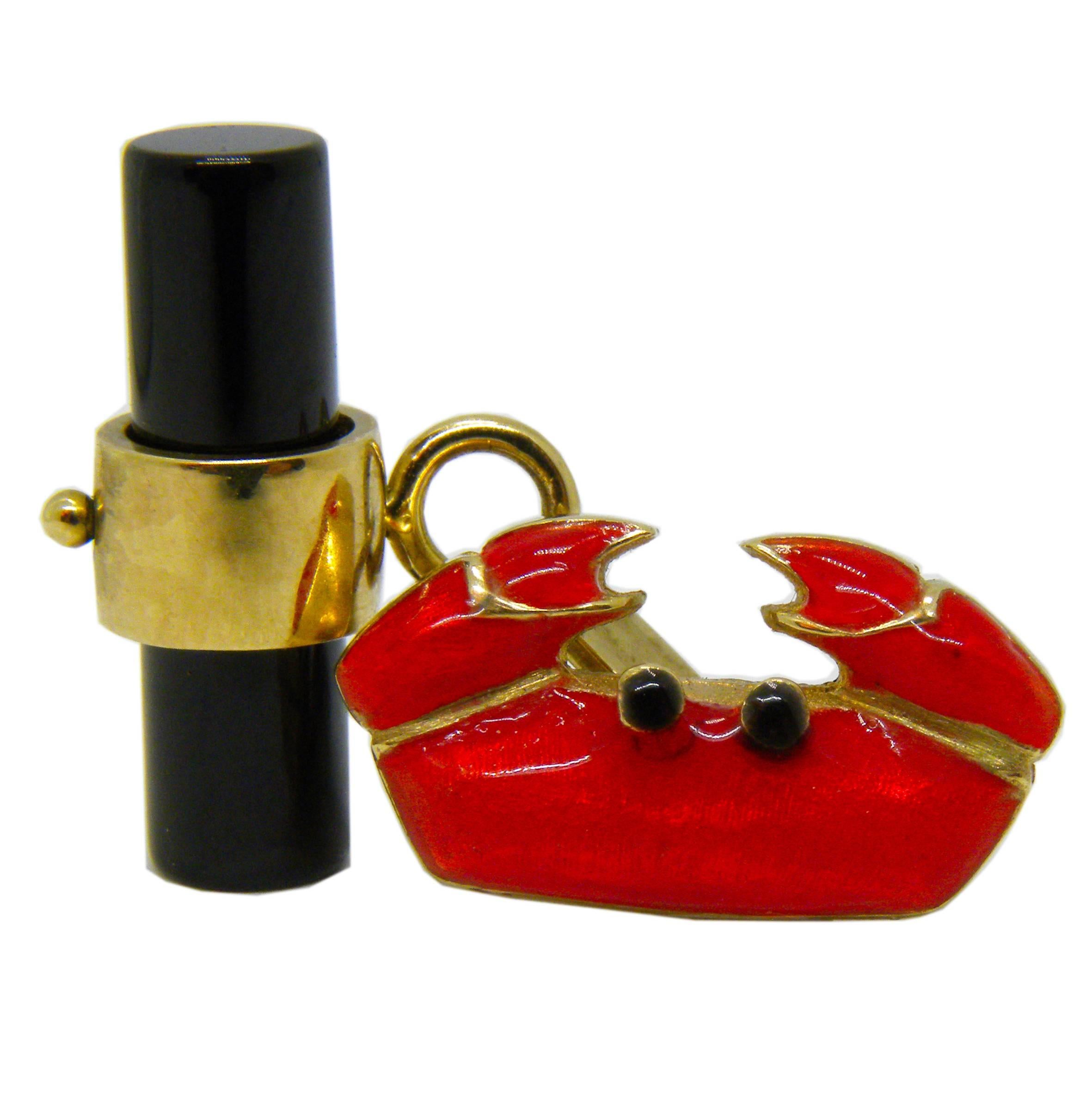 Unique and Chic Hand Enamelled Red Crab, Cancer Zodiac Sign Shaped Yellow Gold Cufflinks, Hand Inlaid Onyx stick back.
In our smart suede tobacco case and pouch.