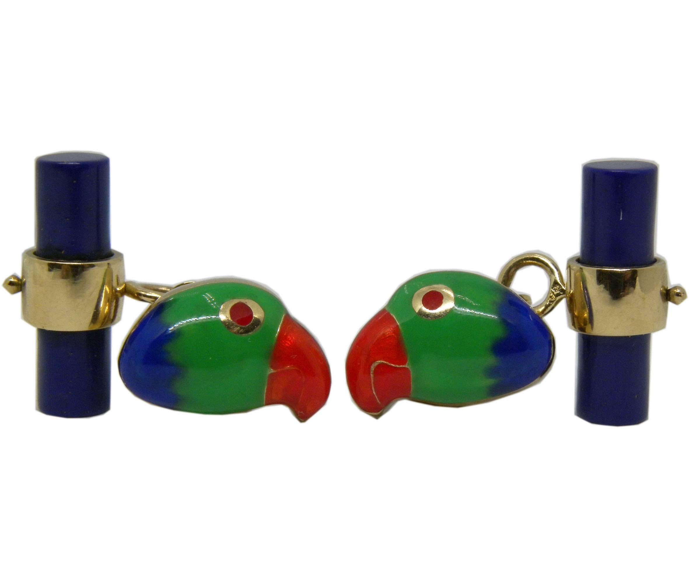 Hand Enamelled Brazilian Parrots Lapis Stick Back Yellow Gold Cufflinks In New Condition In Valenza, IT