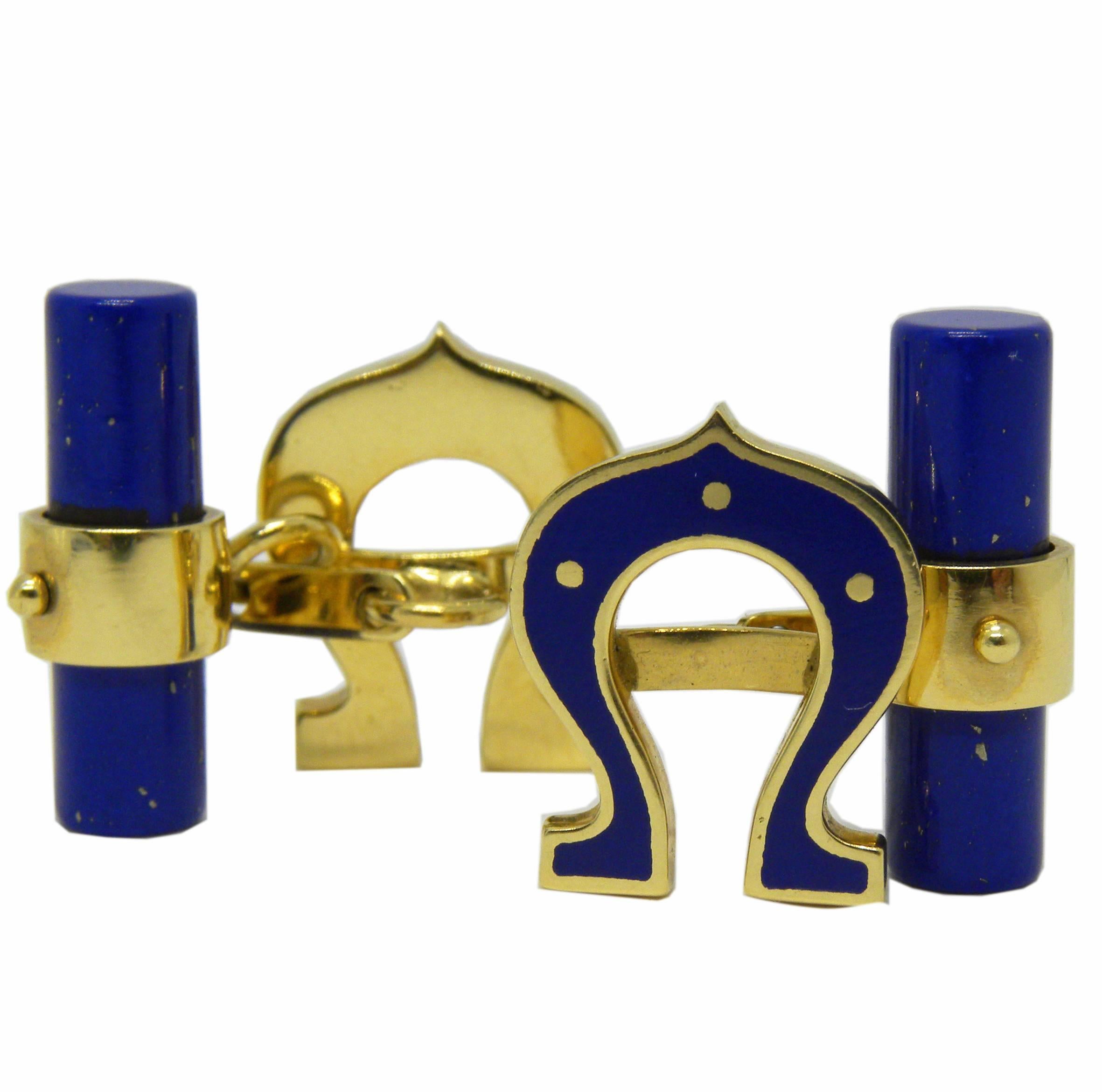 One-of-a-kind Blue Hand Enamelled Horse Shoe shaped natural lapis-lazuli stick back 18C yellow gold cufflinks