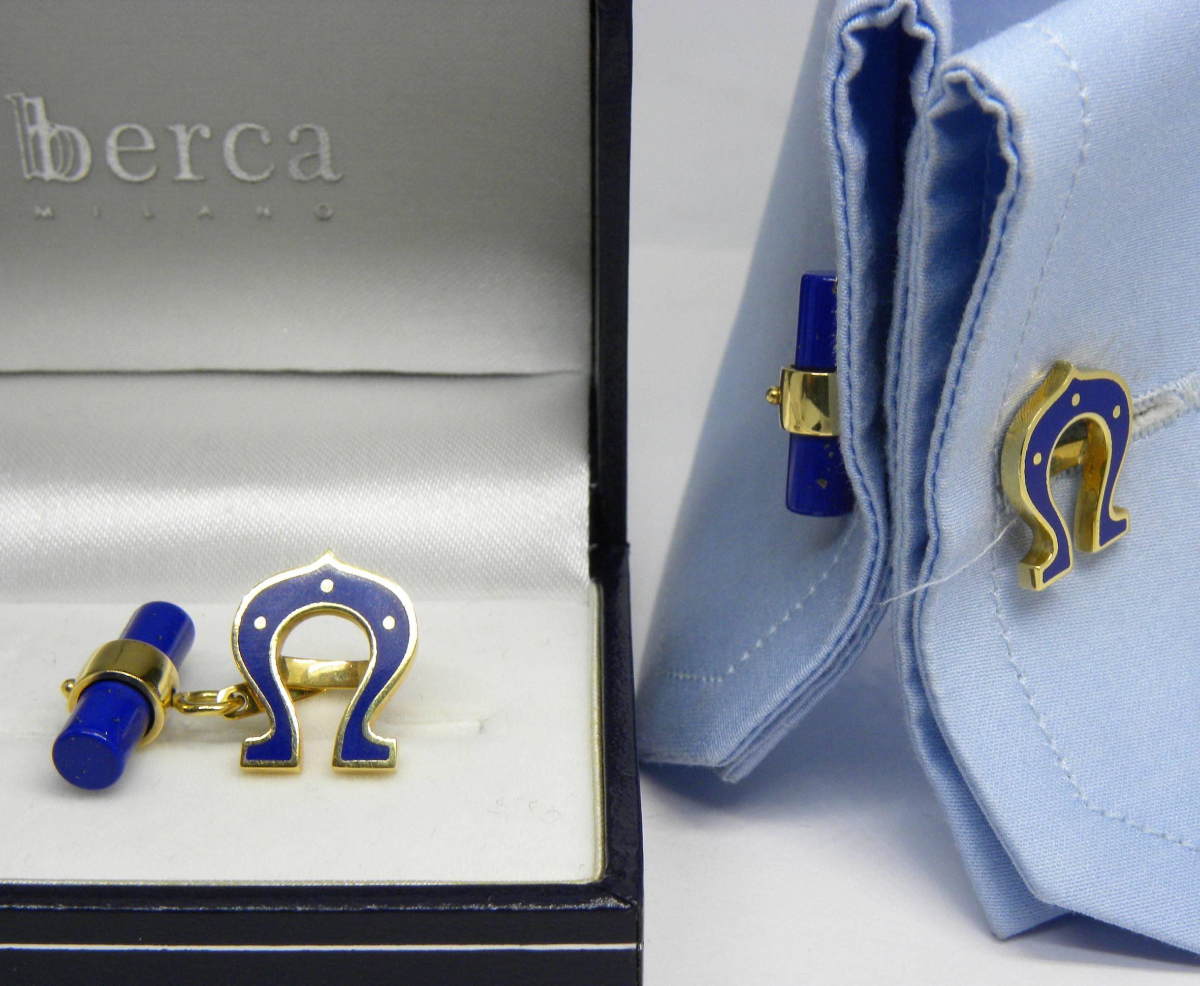 Berca Hand Enamelled Horse Shoe Shaped Lapis Stick Back 18 Karat Gold Cufflinks In New Condition In Valenza, IT