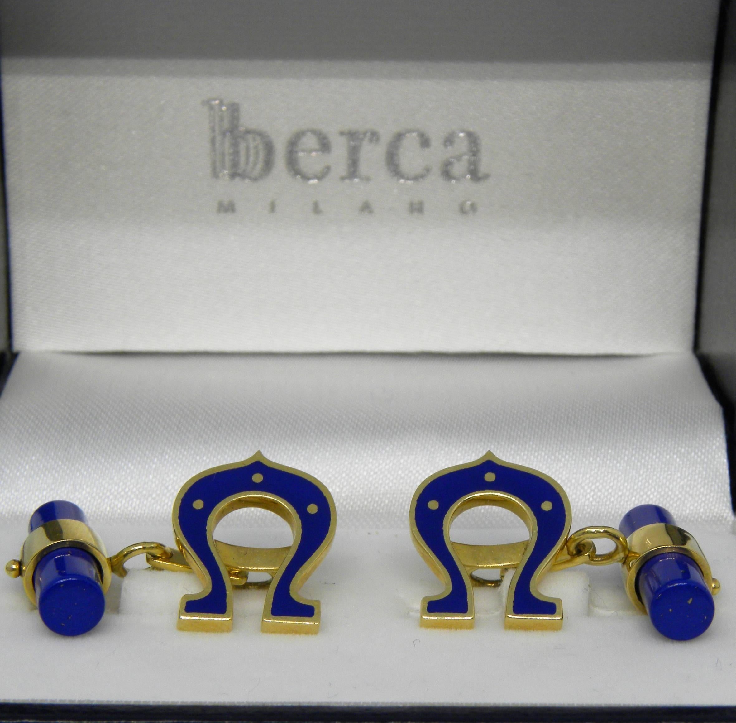 Men's Berca Hand Enamelled Horse Shoe Shaped Lapis Stick Back 18 Karat Gold Cufflinks