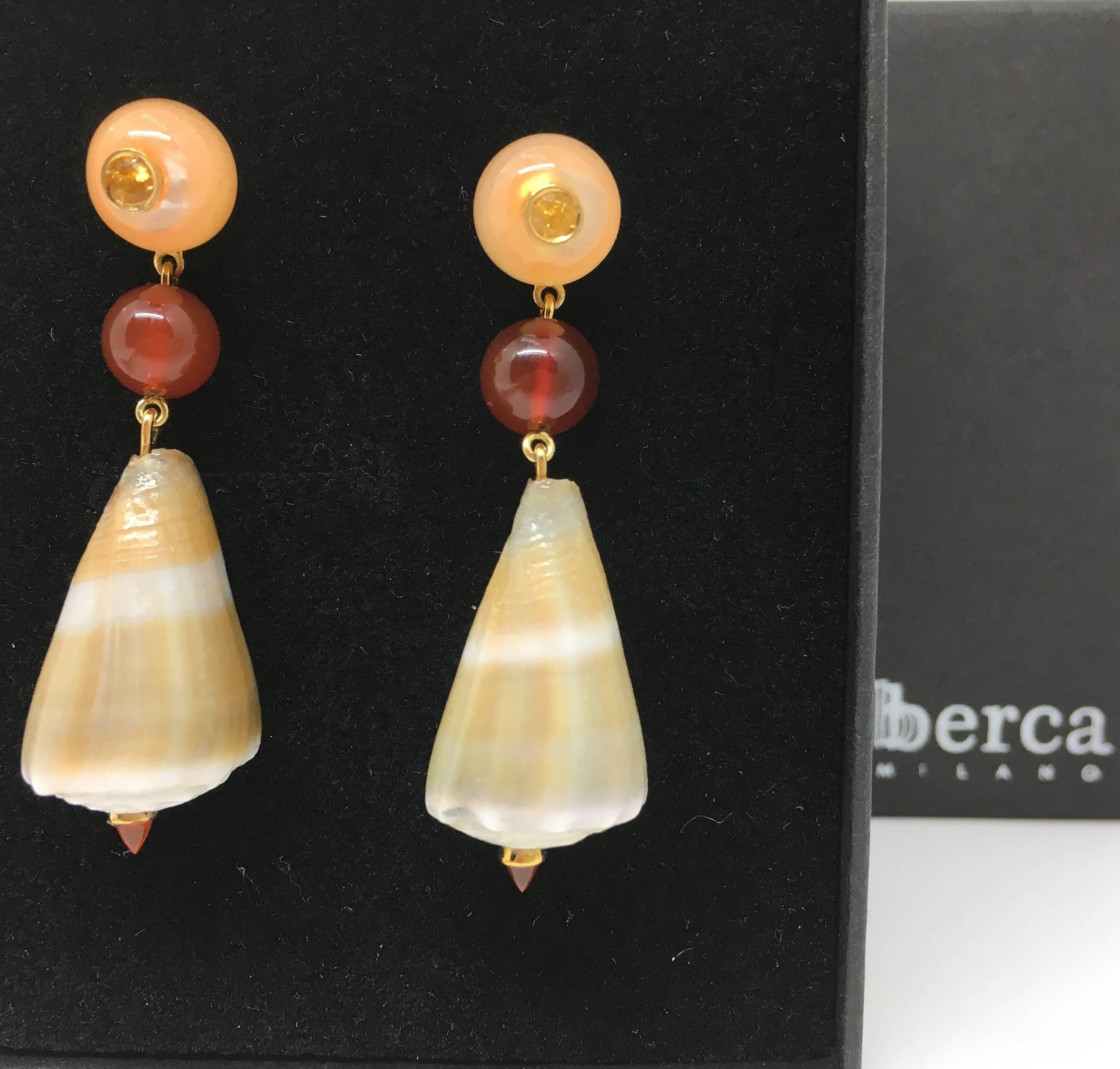 Contemporary Berca Yellow Sapphire Carnelian Mother-of-Pearl Seashell Gold Drop Earrings