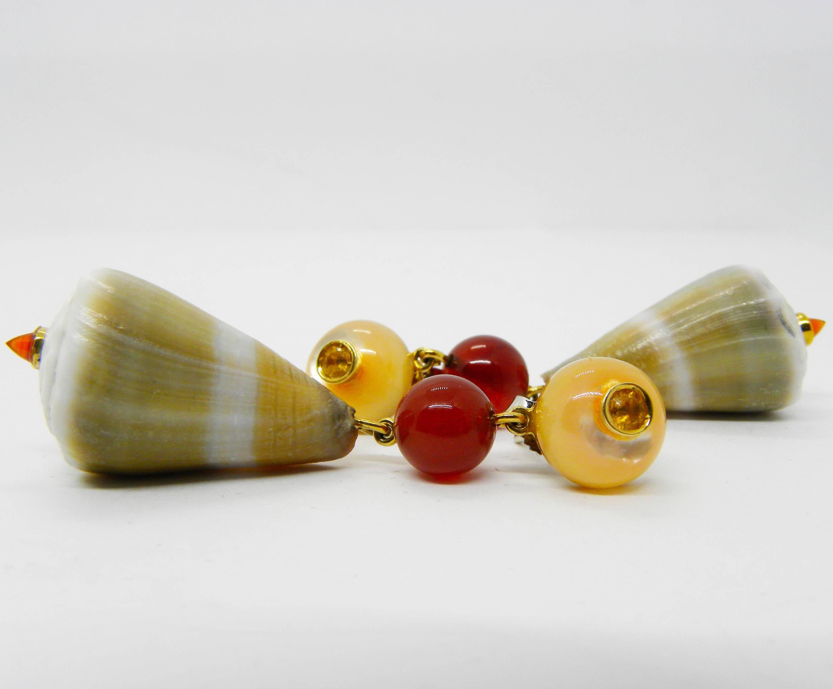 Cabochon Berca Yellow Sapphire Carnelian Mother-of-Pearl Seashell Gold Drop Earrings