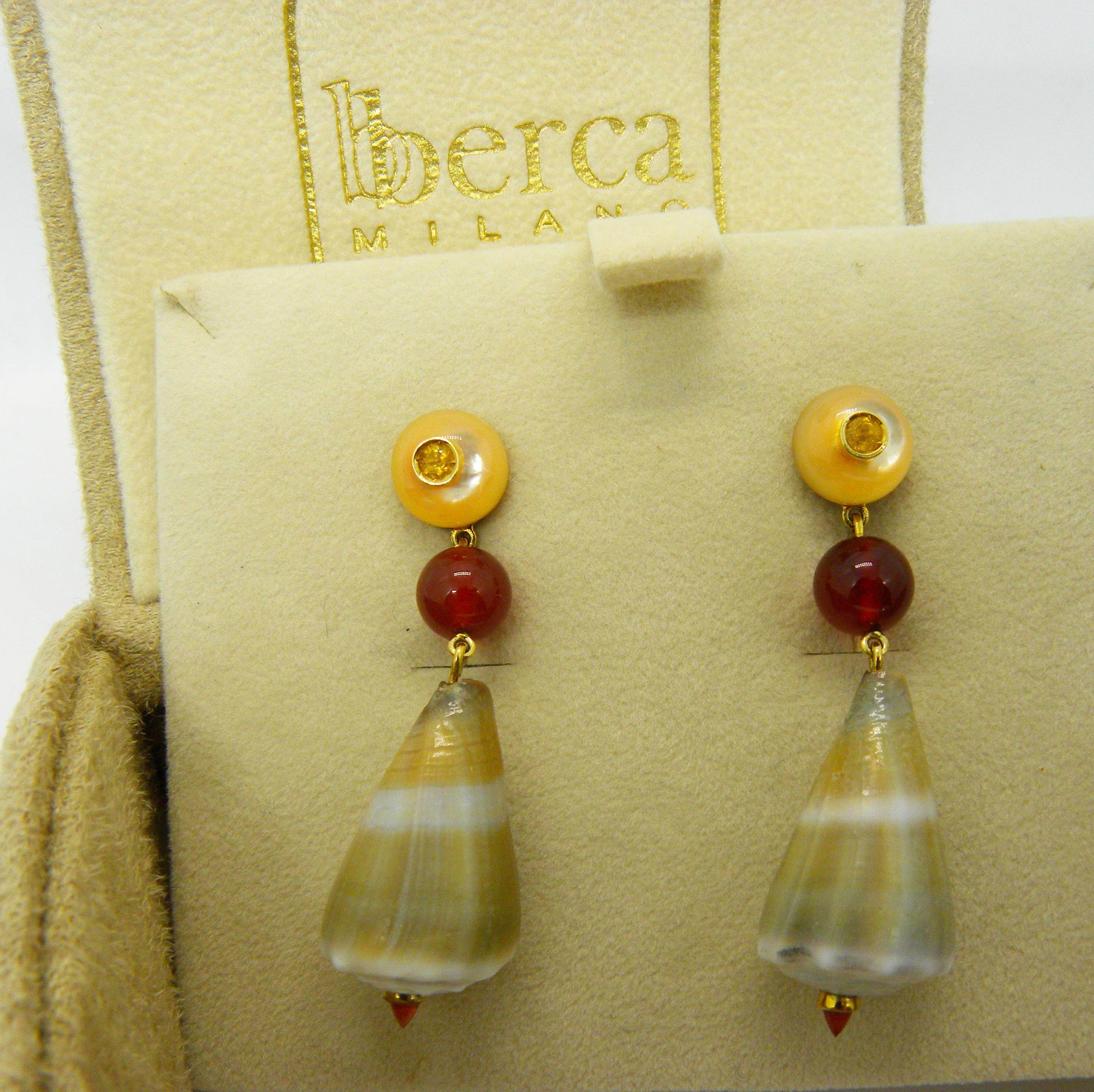Women's Berca Yellow Sapphire Carnelian Mother-of-Pearl Seashell Gold Drop Earrings