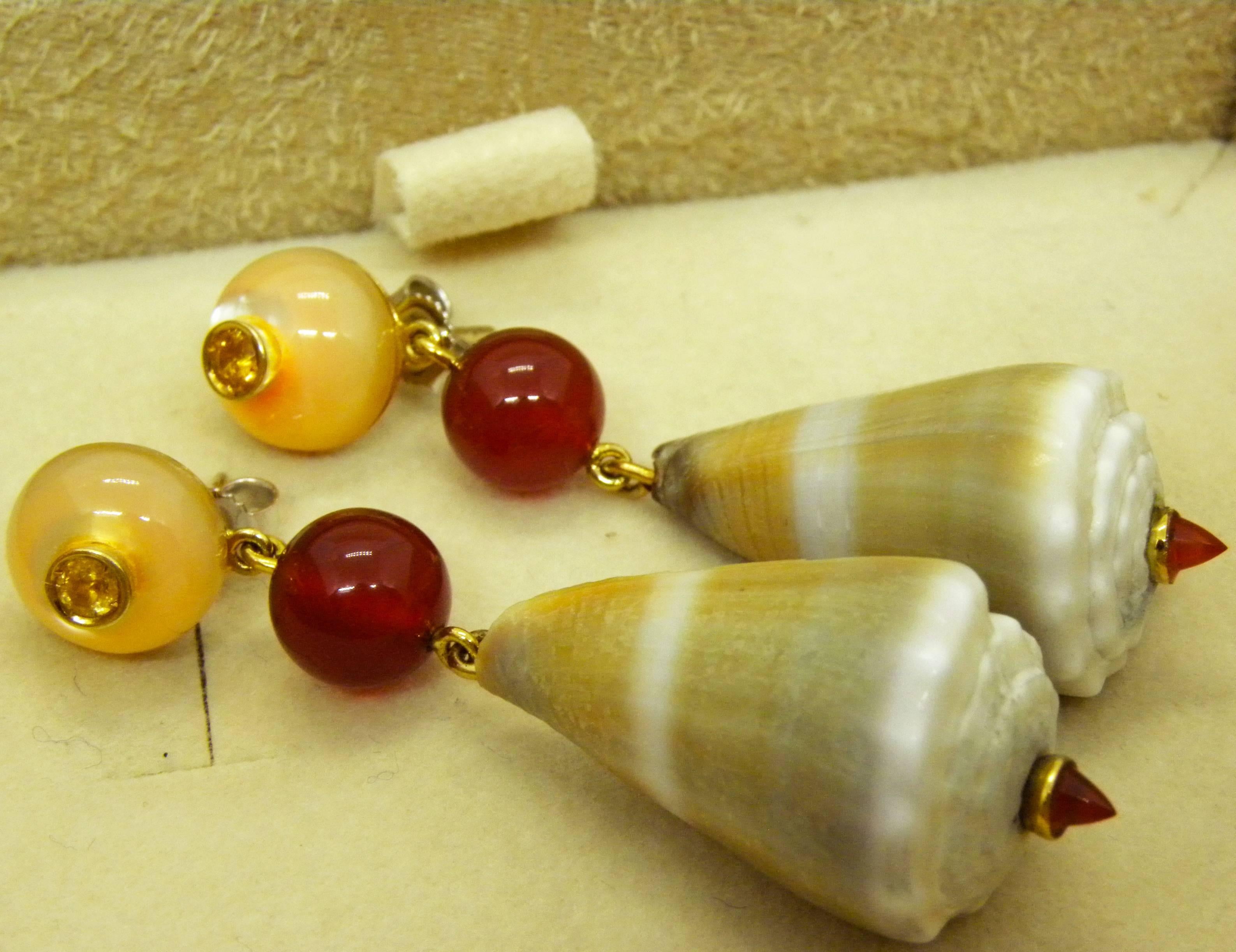 Berca Yellow Sapphire Carnelian Mother-of-Pearl Seashell Gold Drop Earrings 1