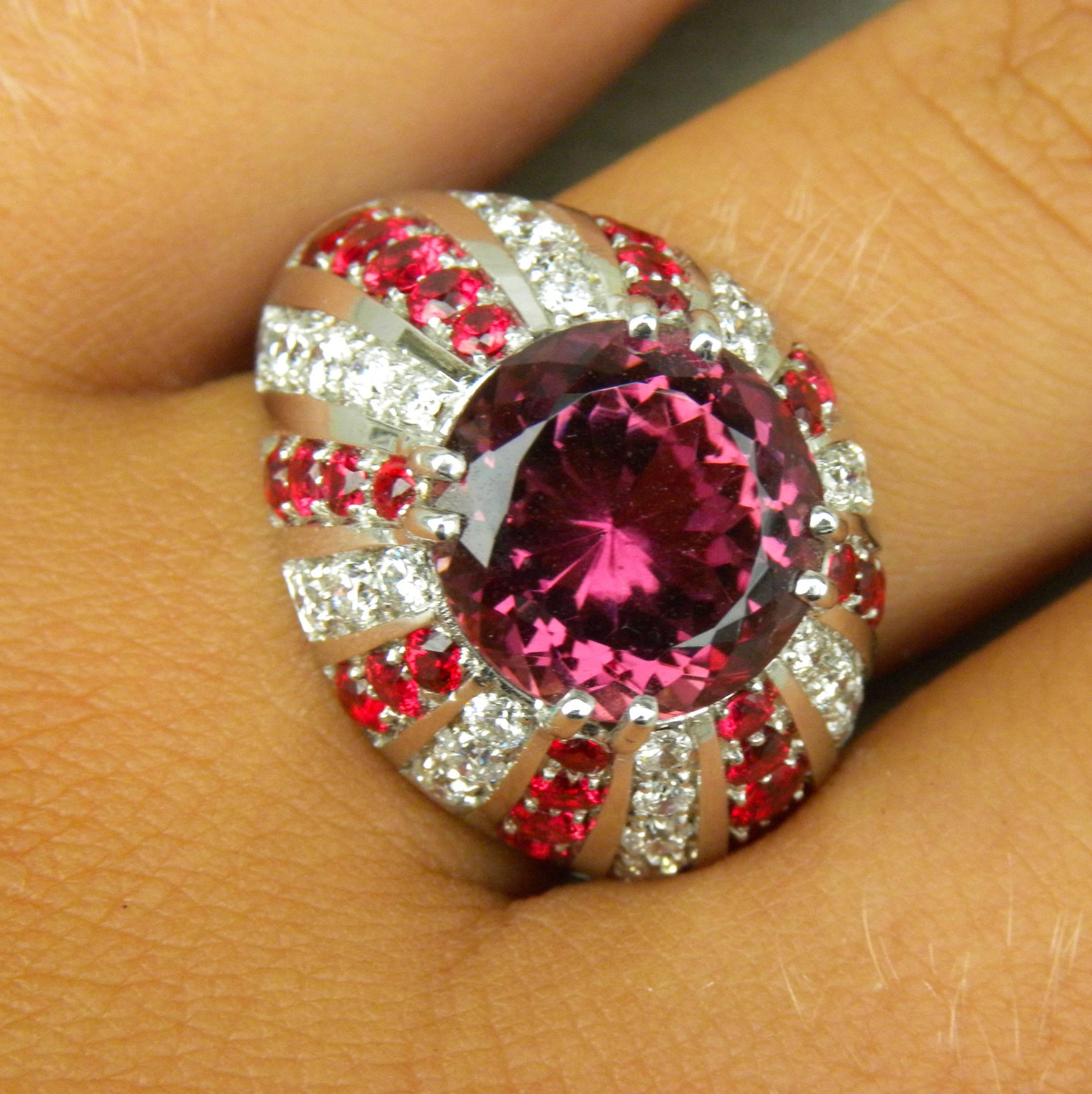 Women's Berca 1960s 5.77 Carat Natural Pink Tourmaline Diamond Ruby Cocktail Ring